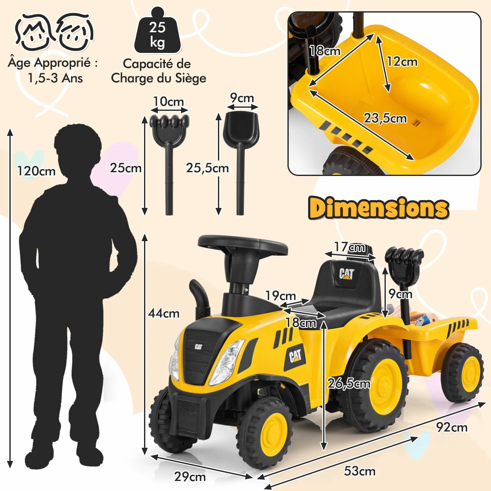 COSTWAY Caterpillar Porteur Tracteur Enfants avec Remorque Amovible & Pelle & Râteau, Voiture Enfants à 6 Pneus avec Lumière LED & Musique & Klaxon, Charge 25kg pour Enfants de 1,5-3 Ans