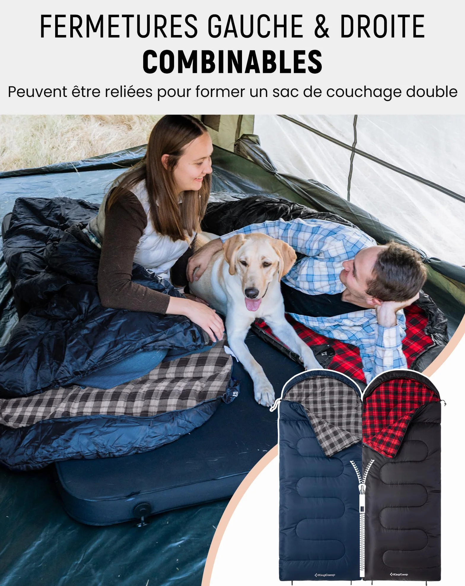 KingCamp Sac de Couchage Adulte Hiver Flanelle Coton 230x90cm 4°C à -15°C 3-4 Saisons Camping
