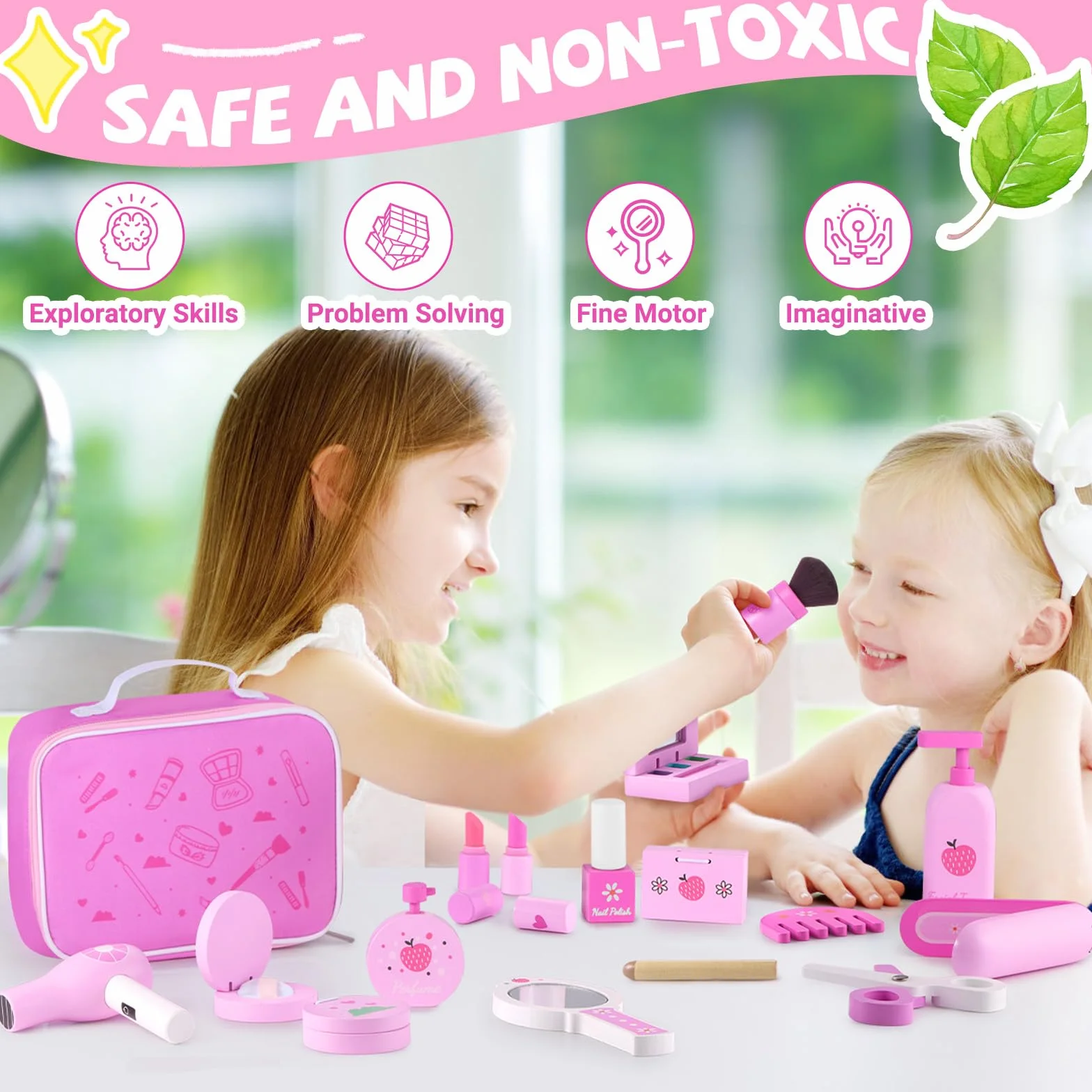 GAGAKU Set de Maquillage en Bois pour Enfants Montessori Jouets Makeup avec Sèche-Cheveux Miroir