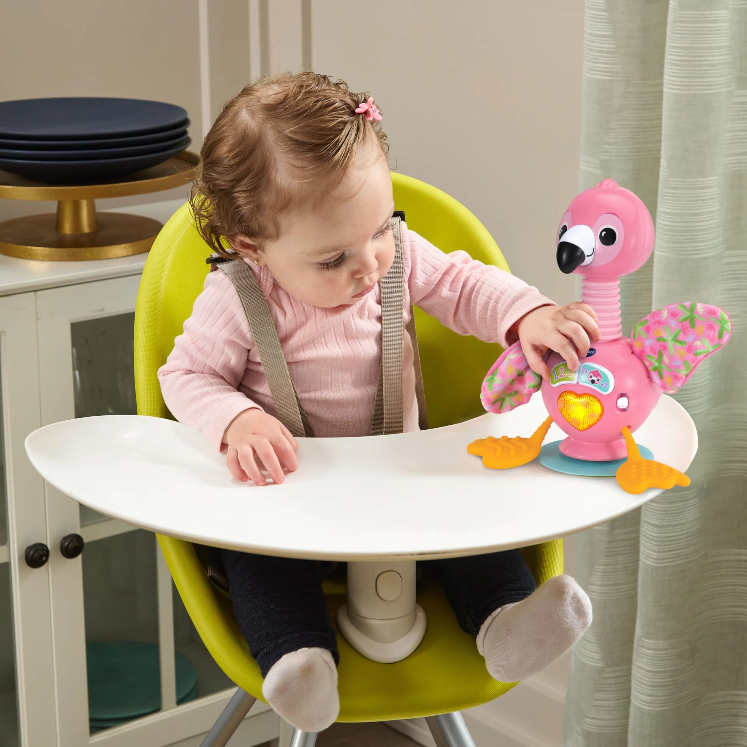 VTech Flamingo Rigolo Flamant Rose Jouet Ventouse Chaise Haute Jeux Sensoriel Bébé Motricité Fine Cadeau Dès 9 Mois