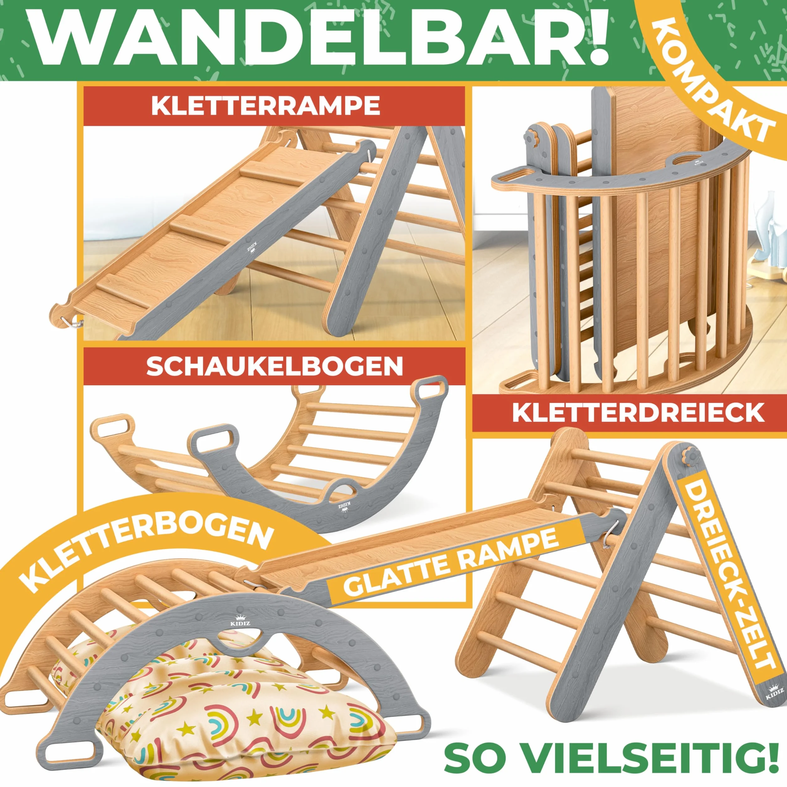 Kidiz Ensemble de jeu Montessori 7en1 avec structure d'escalade, toboggan, triangle d'escalade en bois | Aire de jeux intérieure