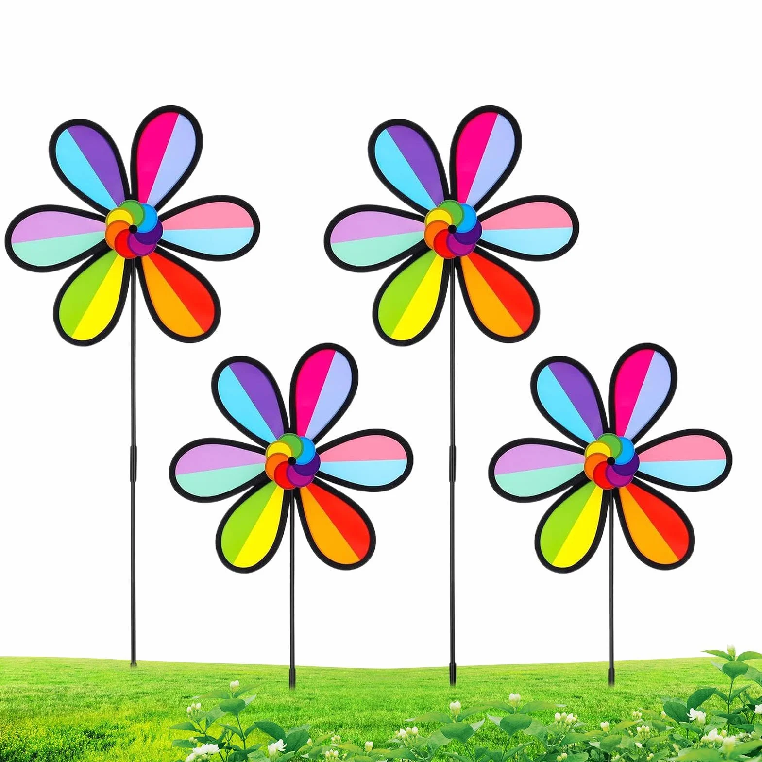 Lot de 4 moulins à vent d'extérieur en forme de pétale – Résistants aux intempéries, décoration jardin patio terrasse