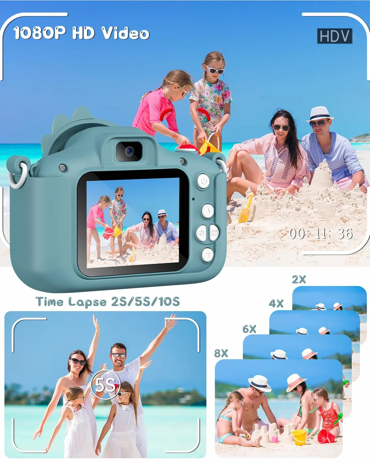Appareil Photo Numérique pour Enfants 2.0 Pouces HD 1080P 32G Rechargeable Caméscope Selfie Cadeau Jouet Garçons 3-12 Ans