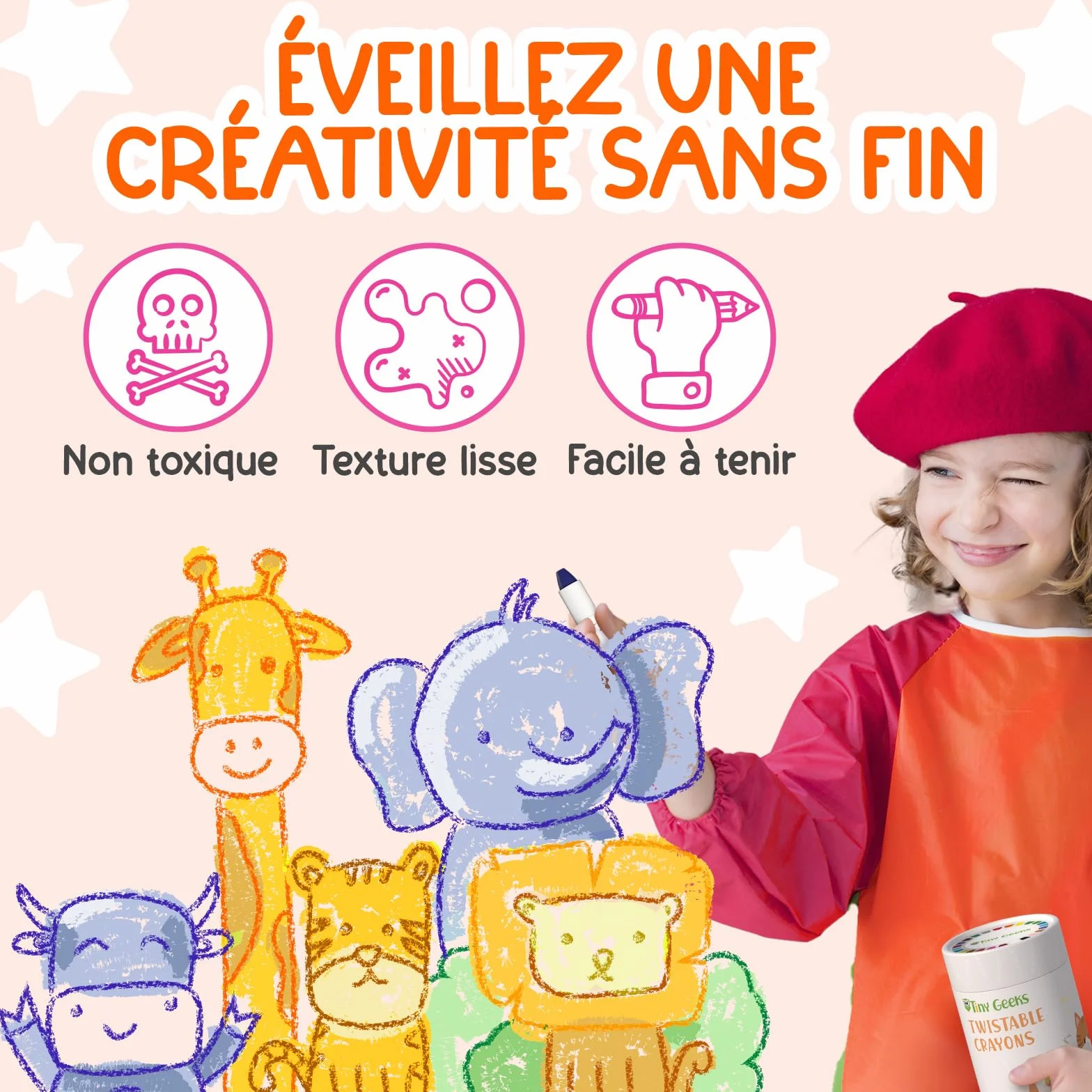 TinyGeeks Crayons Twistables Non Toxiques Lavables pour Enfants 1-8 Ans