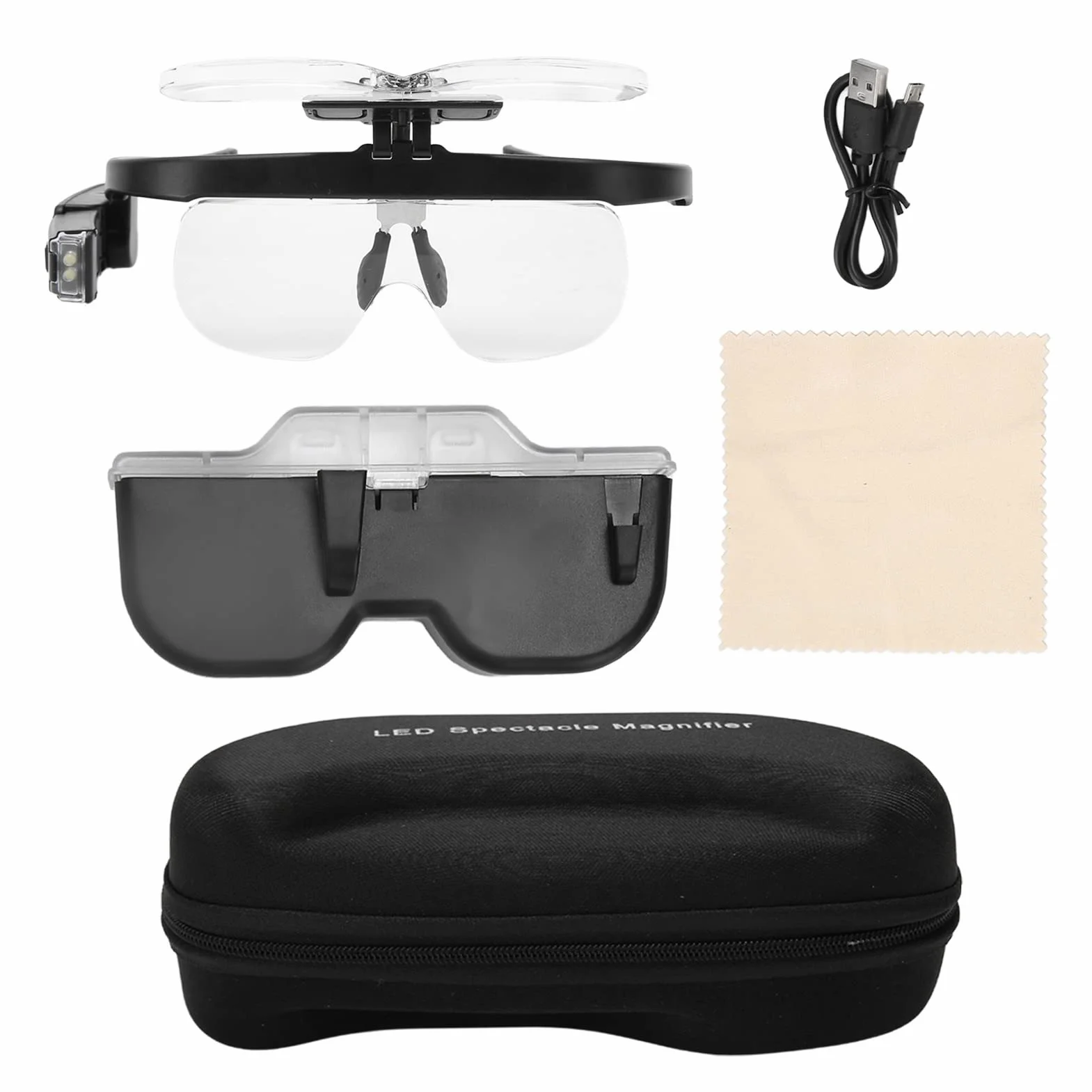 Lunettes loupes à tête rechargeables LED avec étui de rangement mains libres