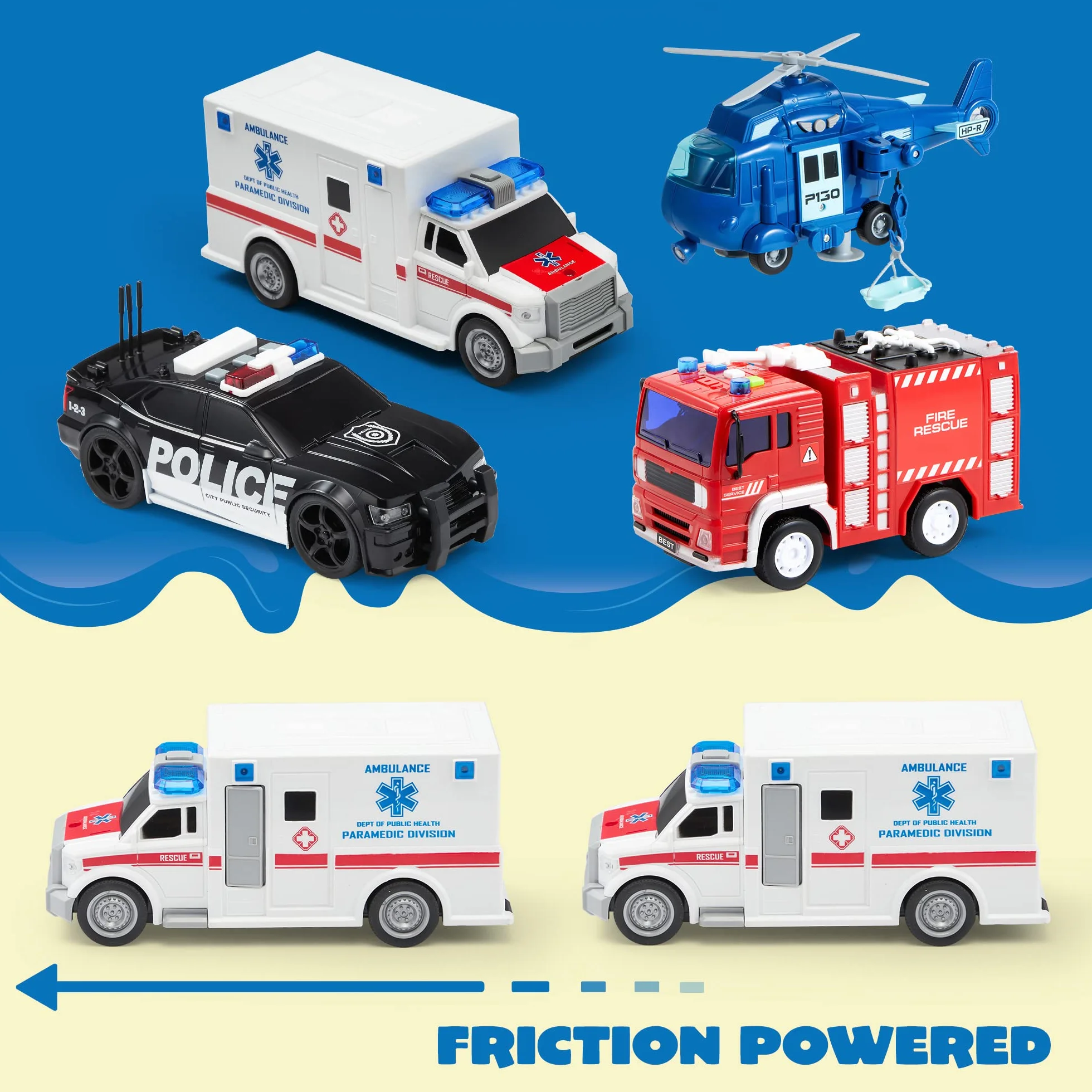 JOYIN Lot de 4 Camion de Pompiers Ambulance Voiture de Police Hélicoptère de Secours