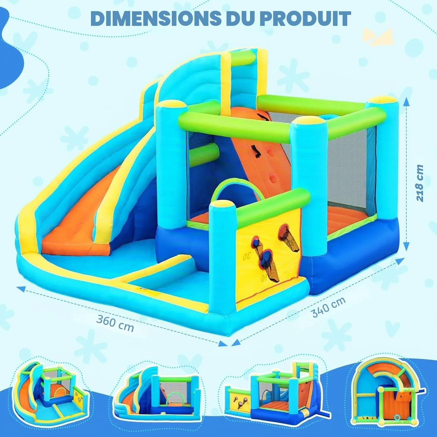 Château Gonflable Parc Aquatique pour Enfants avec Toboggan Trampoline Pataugeoire Mur d'escalade Panier de Basket Grand Jardin Extérieur 4 Enfants