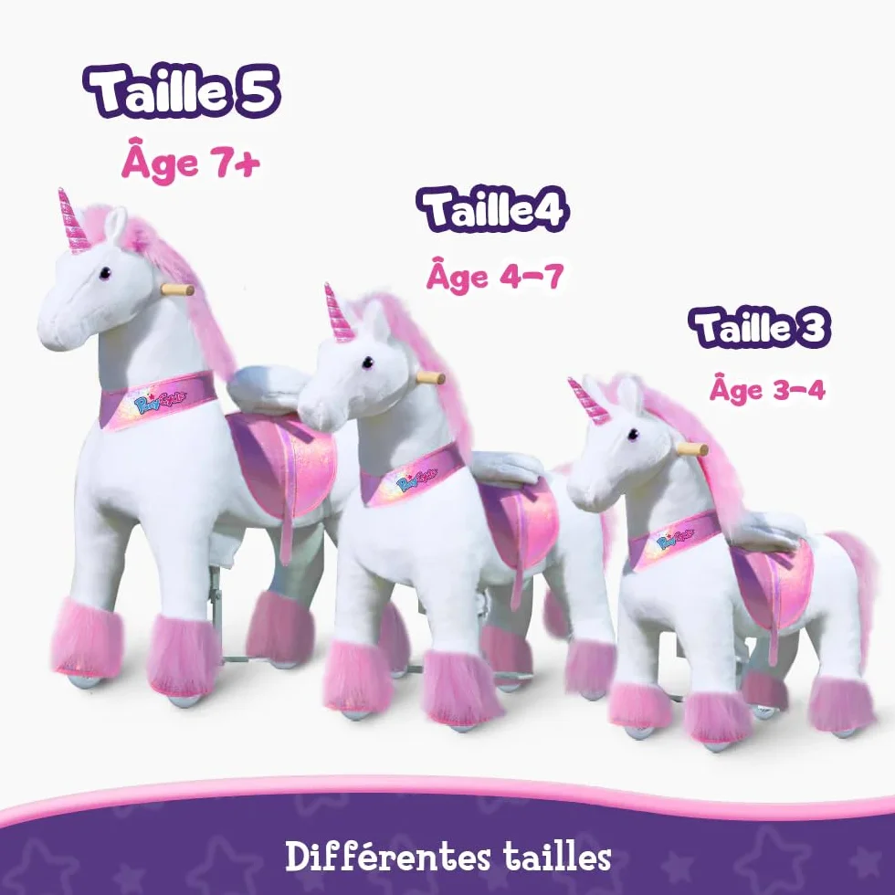 PoneyCycle Officiel Classique Modèle U Licorne Rose Jouet en Peluche sur Roues avec Frein et Son Hauteur 90cm Taille 4 pour 4-7 Ans