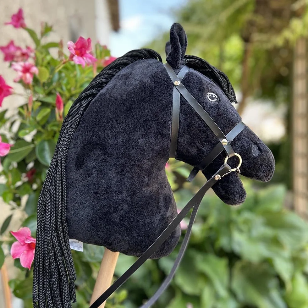 Hobby Horse Frison Noir pour Enfants 7-20 Ans Cheval Bâton avec Filet Rênes Accessoires