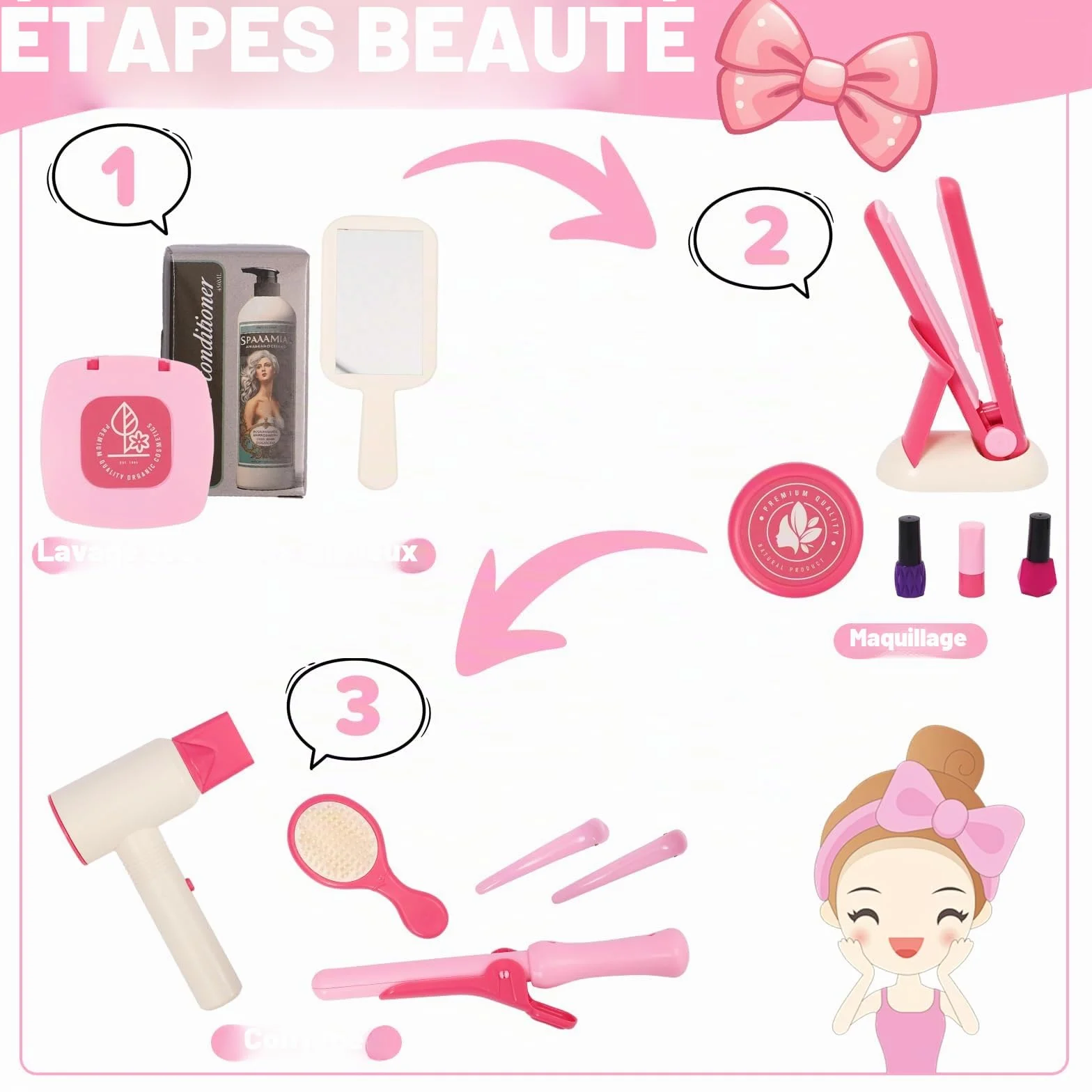 Coffret de Coiffure Rose pour Enfants, Sèche-Cheveux, Lisseur, Peigne, Jeu de Rôle, Cadeau Fille 3 Ans+