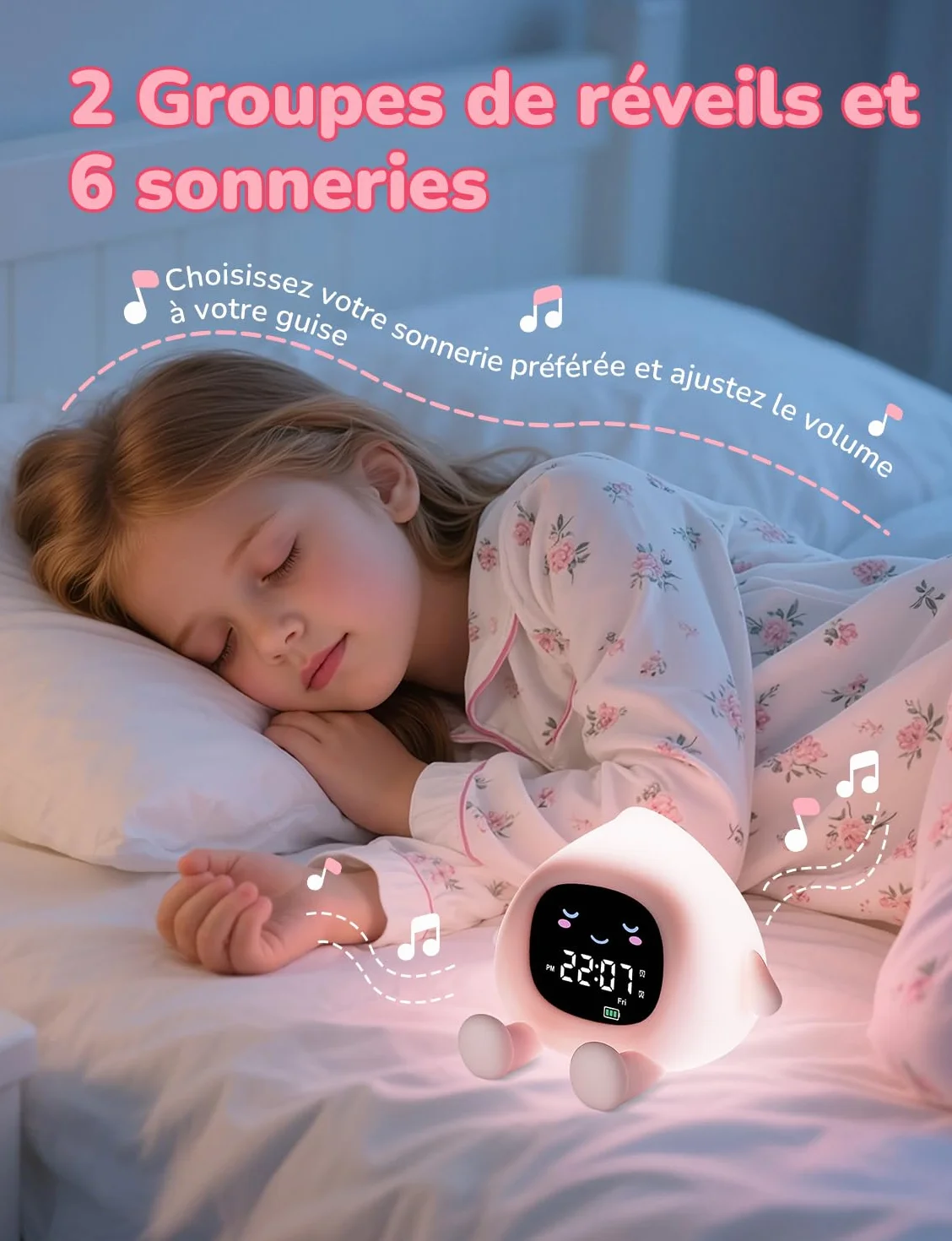 YISSVIC Réveil Enfant Educatif Jour/Nuit 2 Alarme Luminosité Réglable 12/24 Heure Snooze Lumineux 7 Couleurs 30s Arrêt Automatique 10 Chansons Bruit Blanc