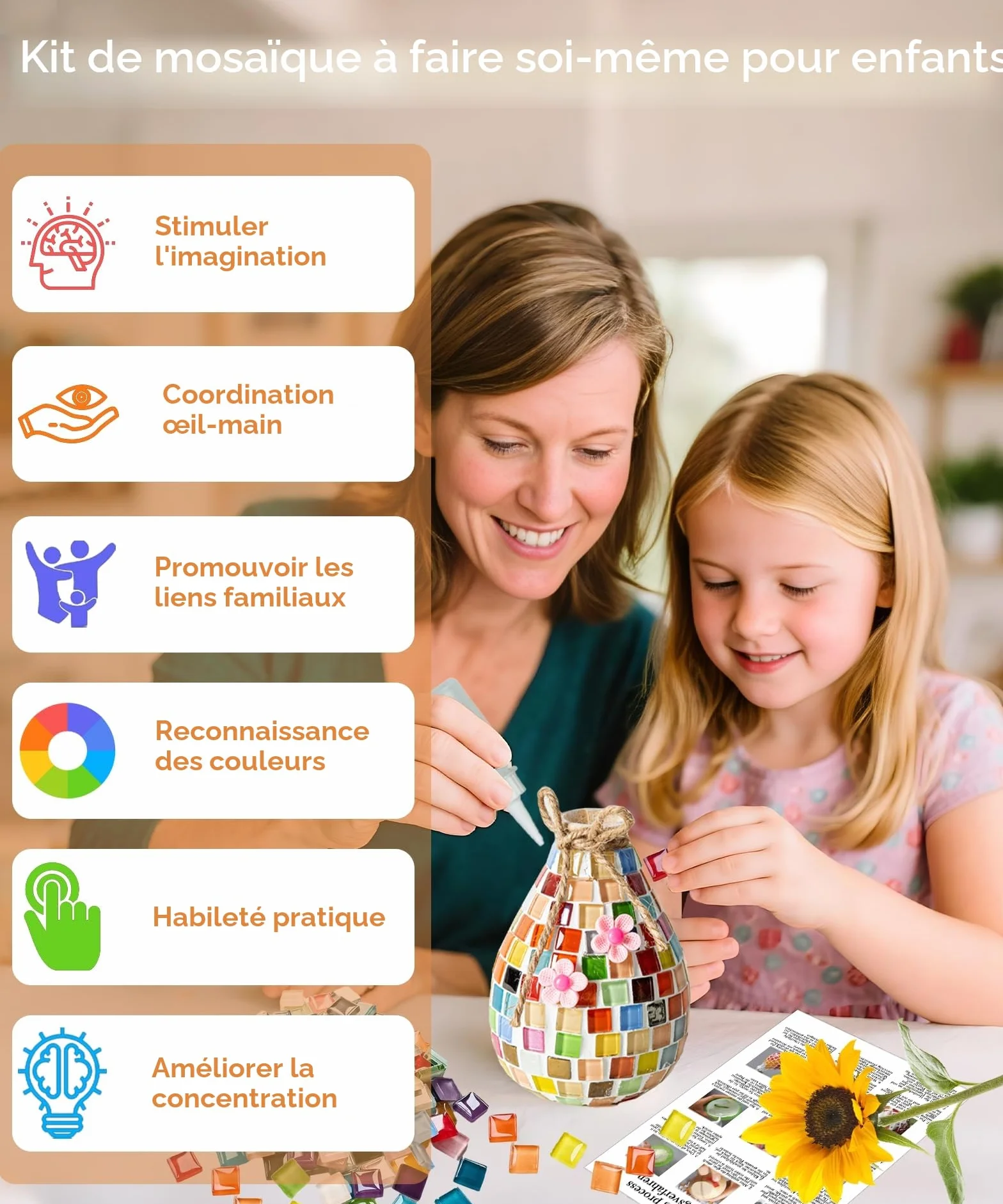 Kit de bricolage mosaïque enfant Daity cadeau fille 6-12 ans petit vase coloré