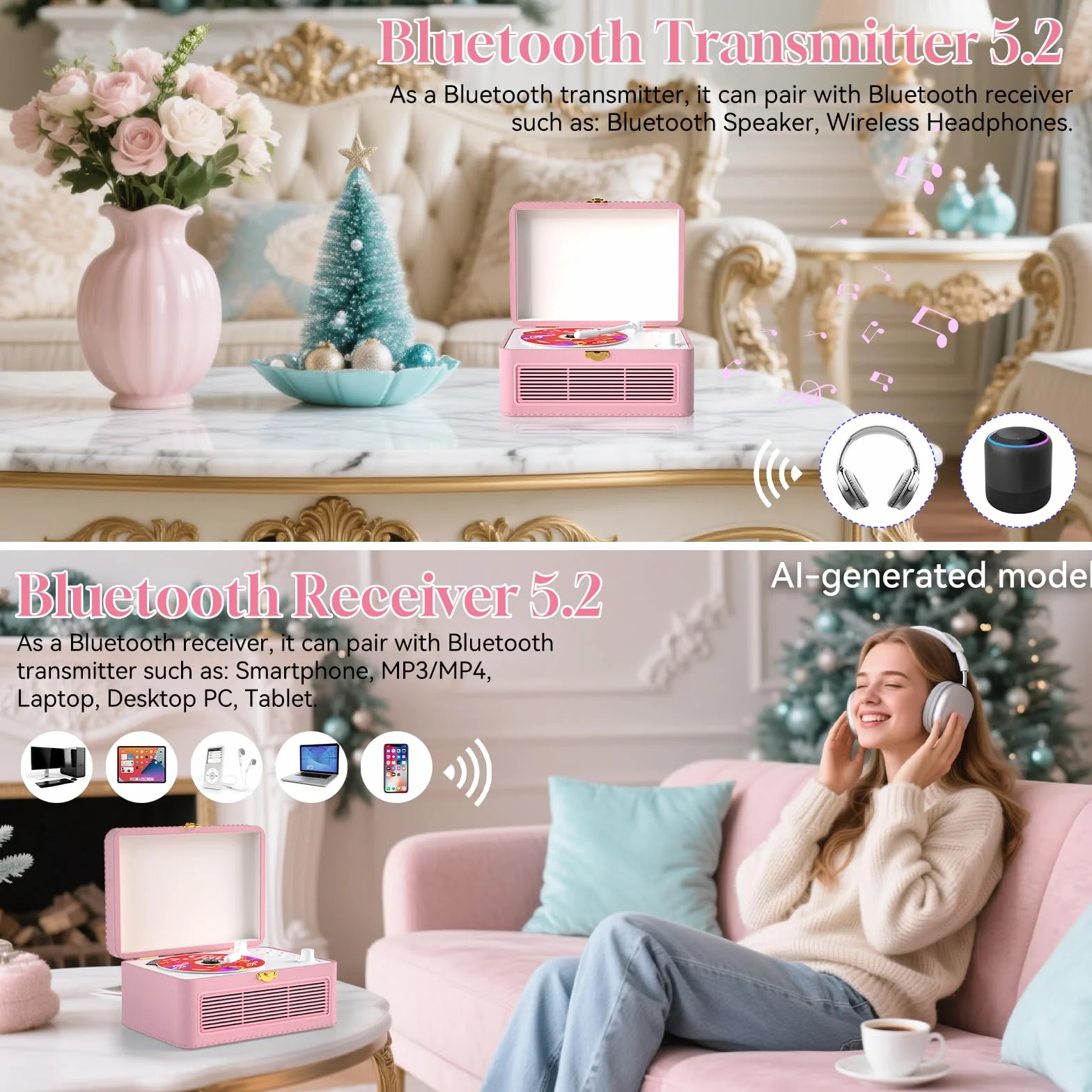 Lecteur CD Cuir Portable Bluetooth 3600mAh Rechargeable avec Haut-Parleurs, Support USB AUX, Télécommande, Design Valise Rétro Rose