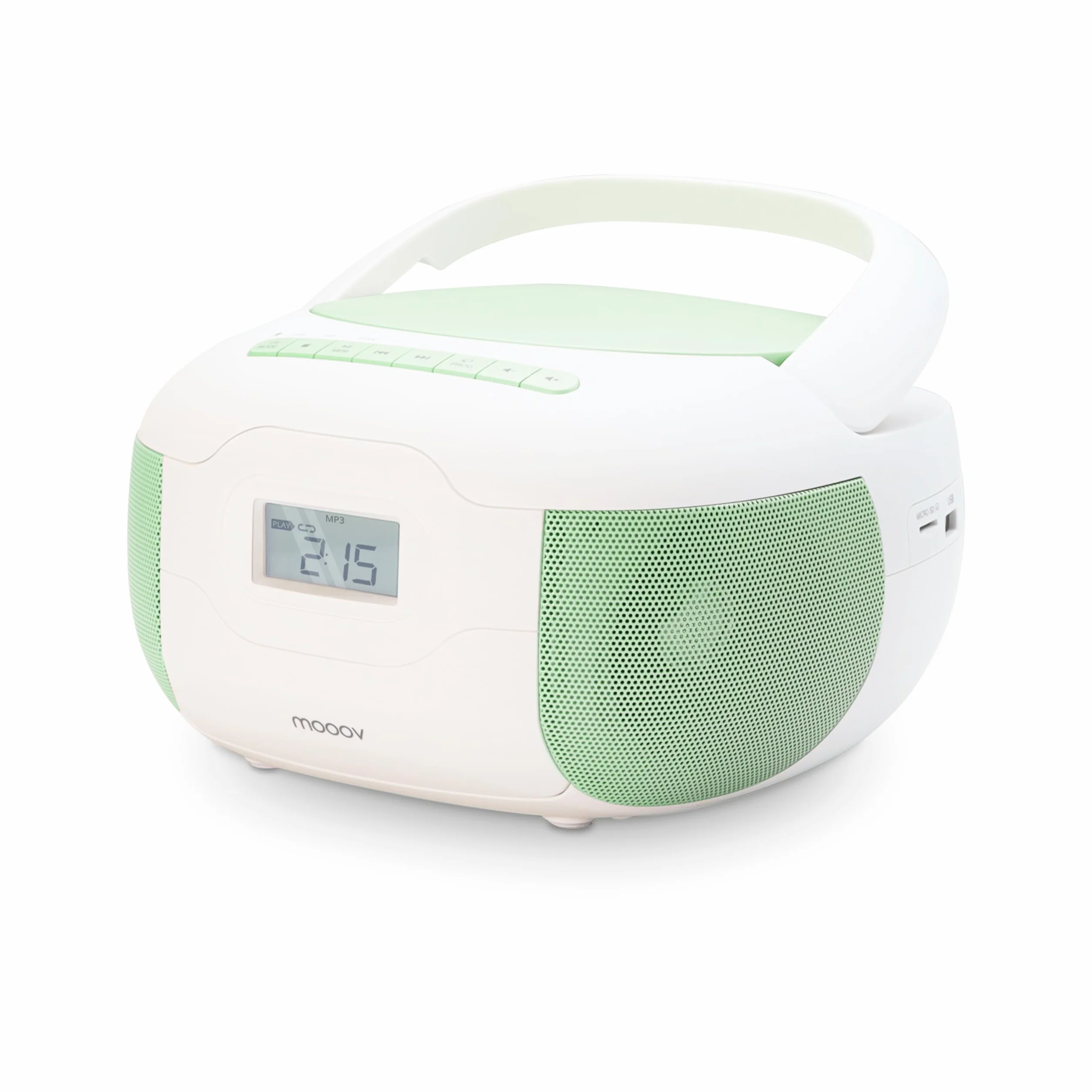 MOOOV Lecteur CD Radio FM Portable Bluetooth Boombox Stéréo MP3 USB AUX Micro-SD Vert