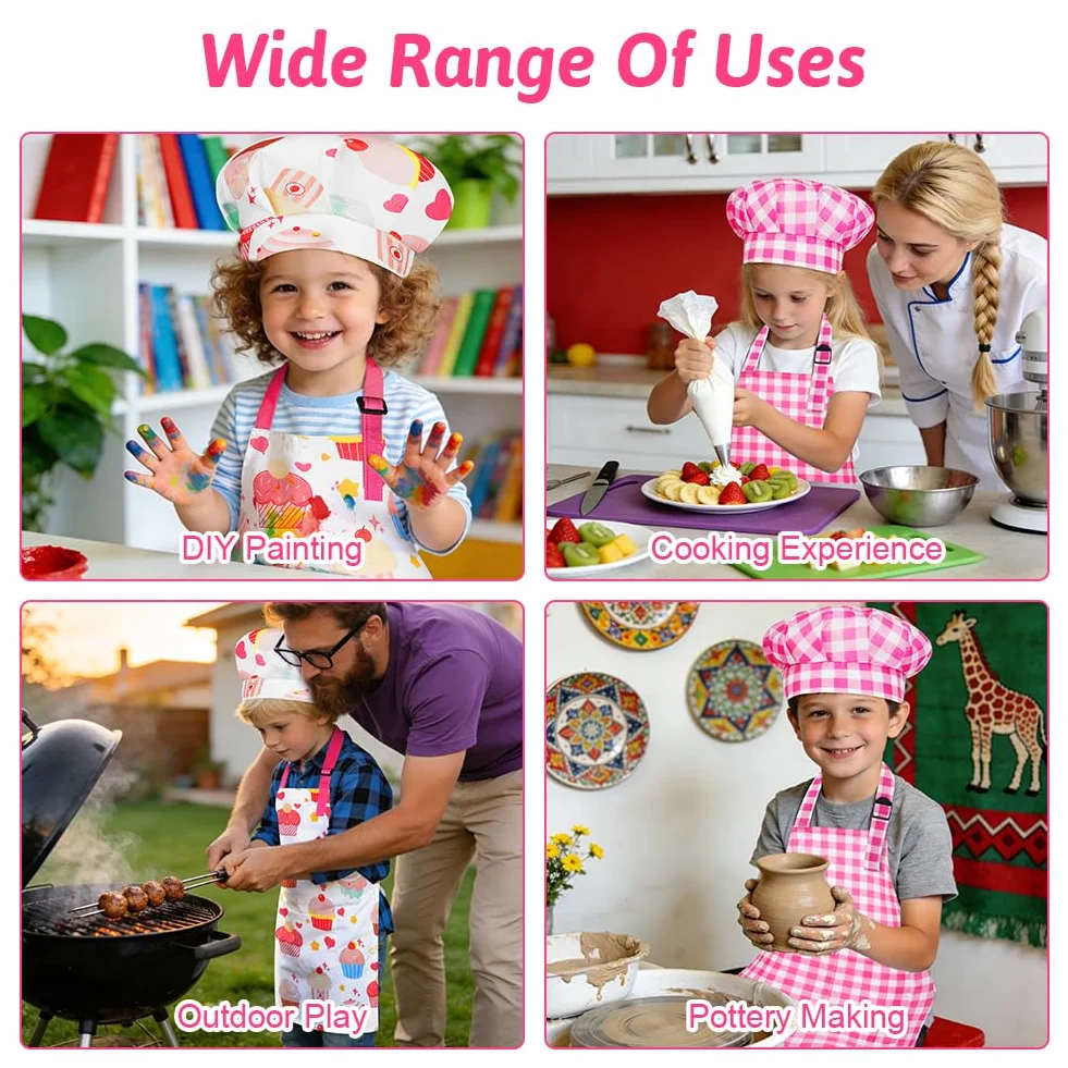 DiULi Ensemble Tablier et Toque de Chef pour Enfants, Tablier de Cuisine Réglable avec 2 Poches