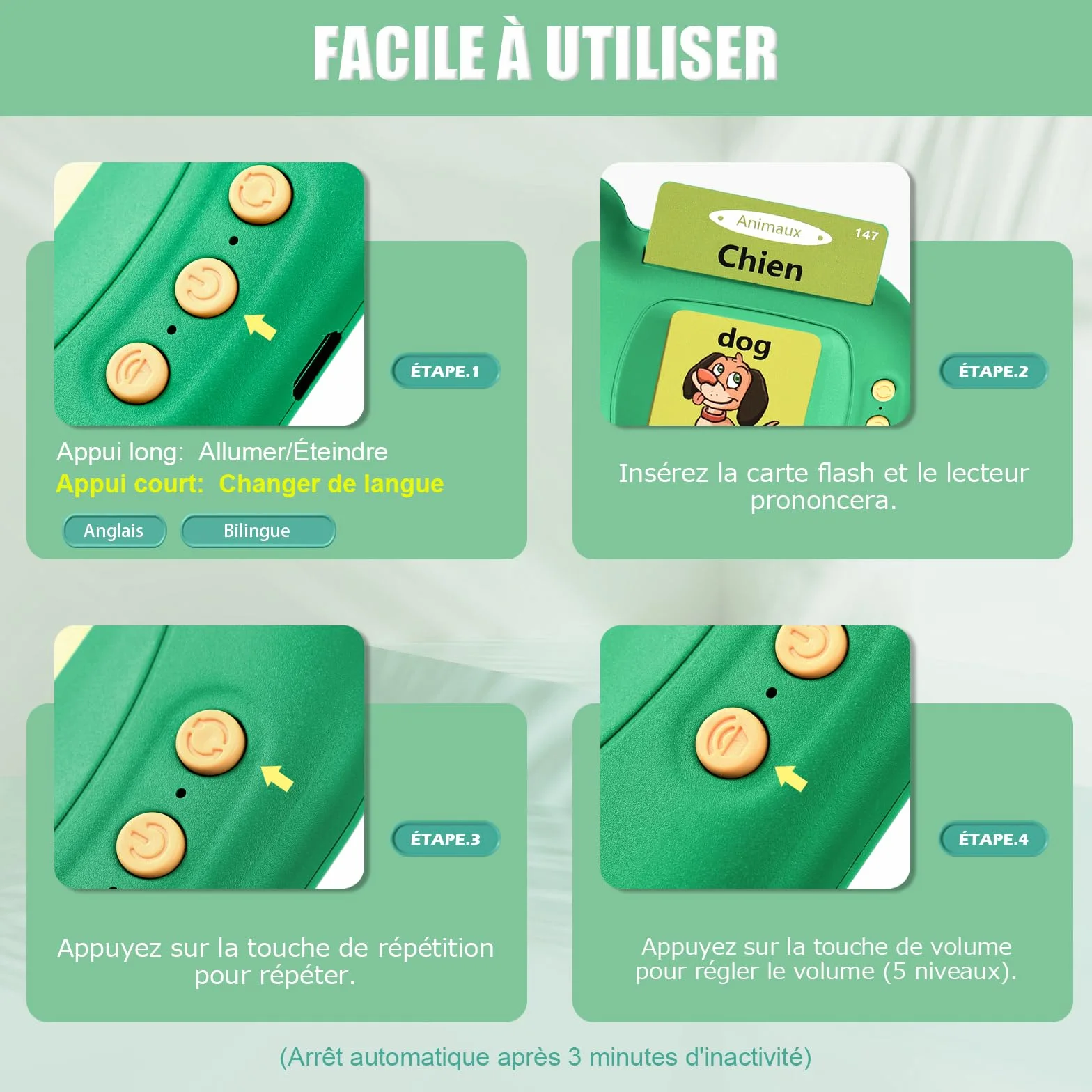 Cartes Flash Parlantes Éducatives 112 Feuilles 224 Mots Montessori Jouets pour Enfants 2-6 Ans Vert Français