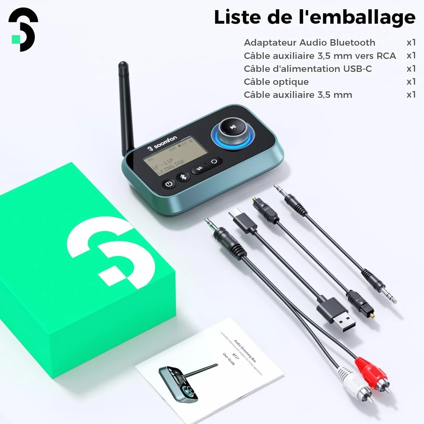 SOOMFON Émetteur Récepteur Bluetooth 5.0 avec Écran LCD, Adaptateur Audio 3 en 1 AUX/RCA/Jack 3.5mm/Optique