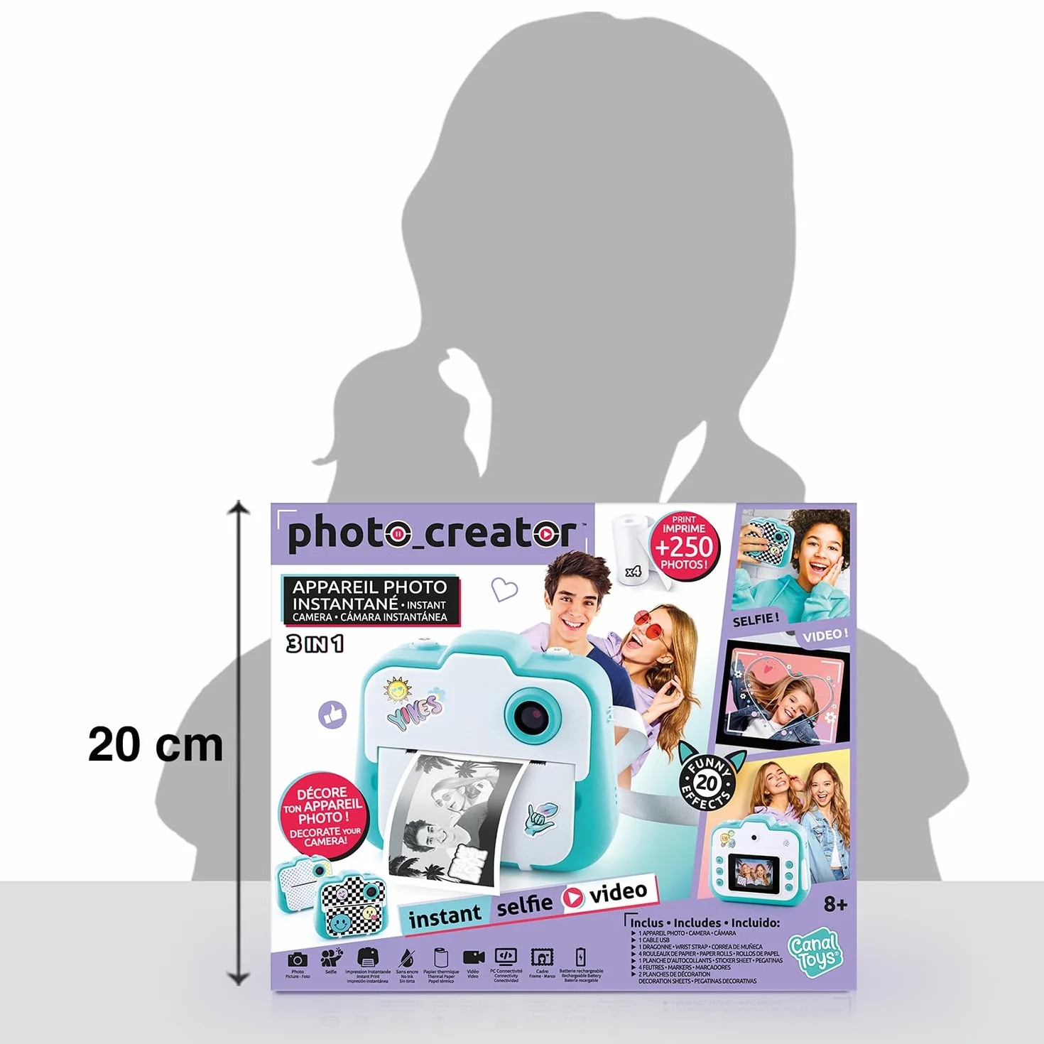 Canal Toys Photo Creator Appareil Photo 3 en 1 à Impression Instantanée Turquoise 2 Modes Selfie Caméra Vidéo Enfant 8 Ans+ 4 Rouleaux 250 Clichés CLK 001