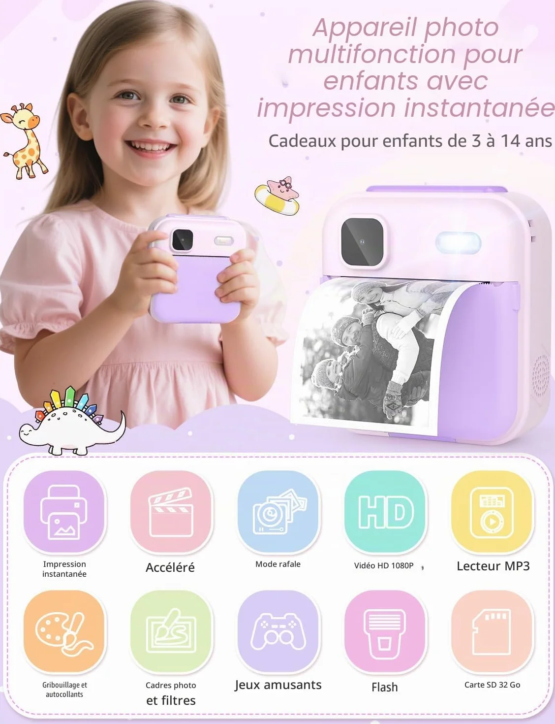 YOHOOLYO Appareil Photo Instantané Enfant 2,4" 1080P Vidéo Selfie avec Carte 32 Go et Papier d'impression Violet