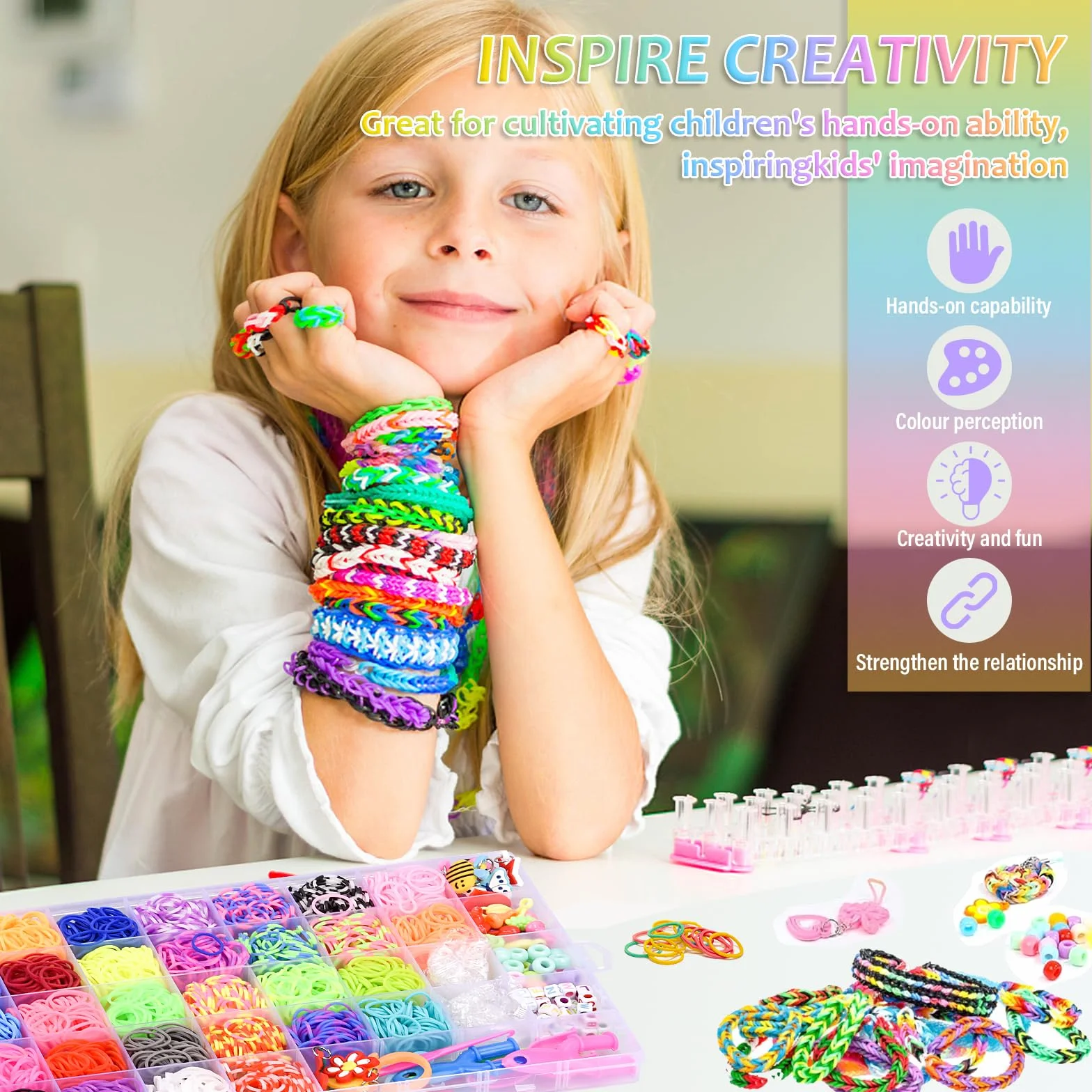AOKITO 2500 Bracelet Kit Élastique 32 Couleurs Loom Bands avec Pendentifs Clips Perles Boîte Rangement Enfant