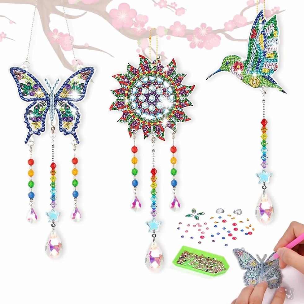 Aolso Carillon à Vent en Cristal 5D Diamant Peinture 3 Pièces DIY Strass Double Face Papillon