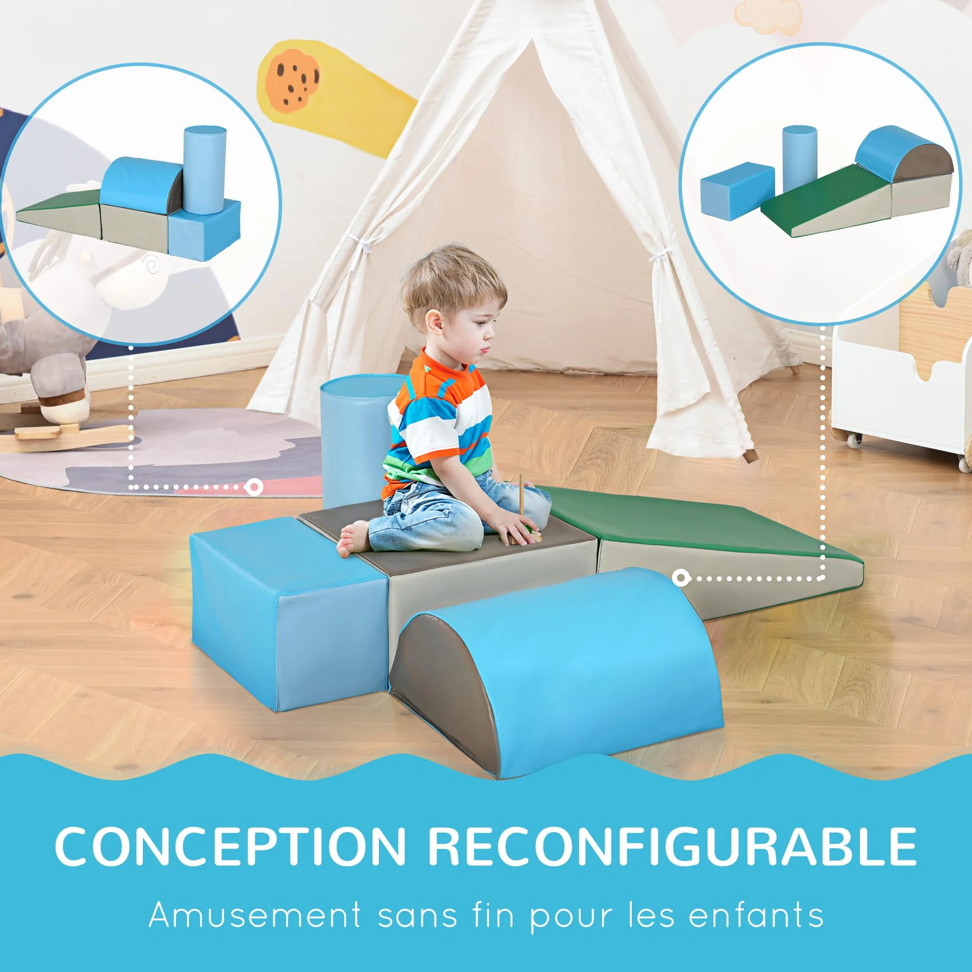 HOMCOM 5PCS Module motricité bébé Parcours motricité bébé Blocs de Construction en Mousse EPE avec Housse en revêtement synthétique