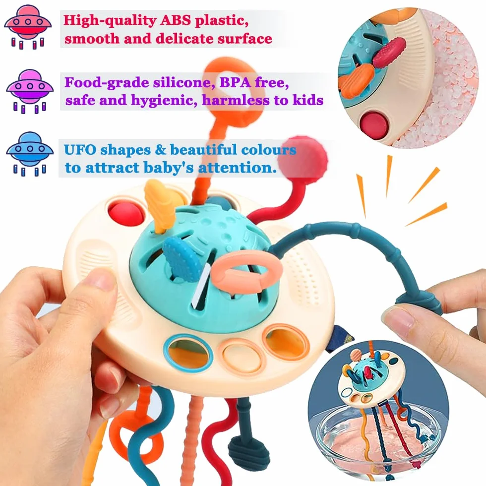 Jouets Montessori Bébés 6-12-18 Mois, Jouet Bebe 1 an, Jeux Motricité Multisensorielle Corde à Tirer Silicone