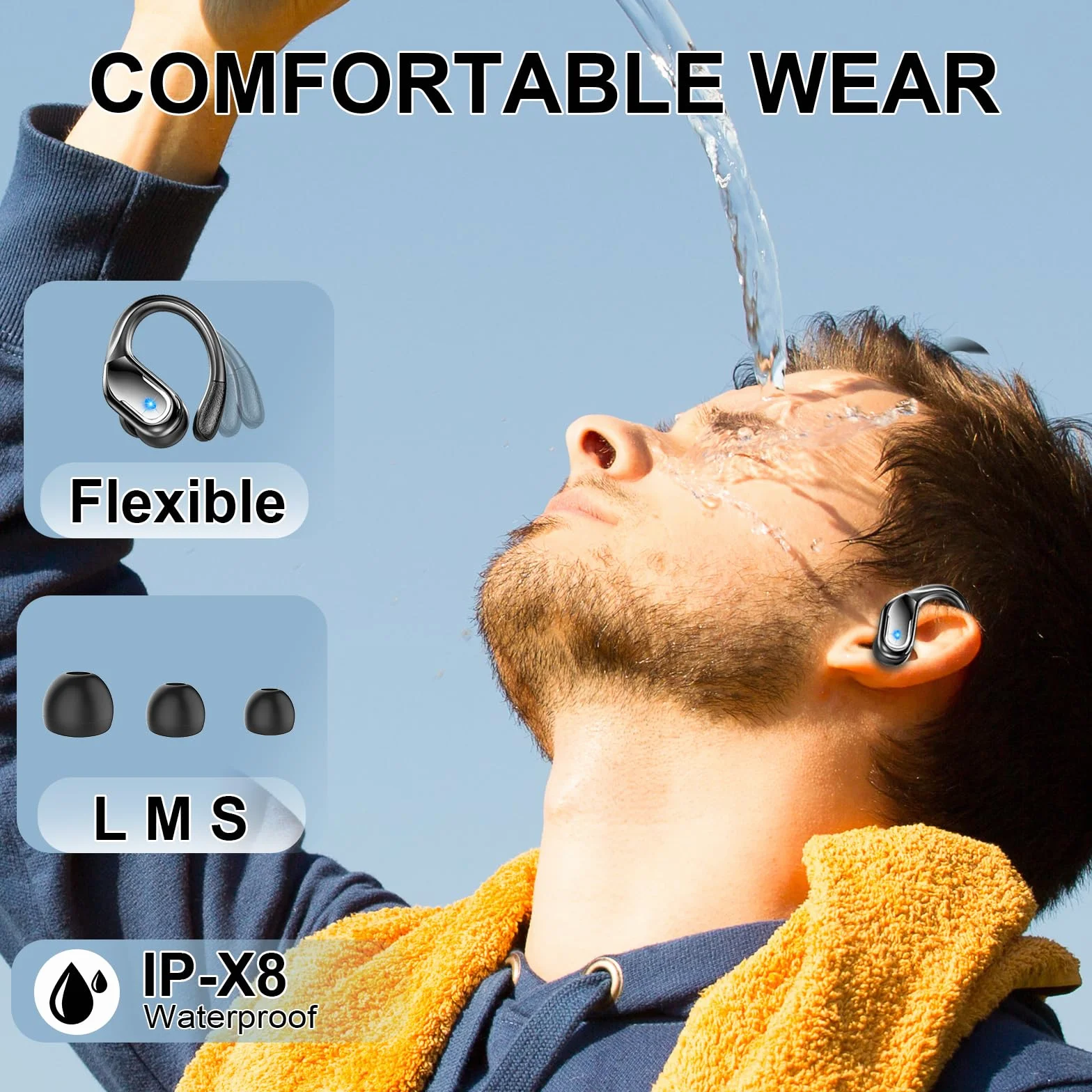 Ecouteurs Bluetooth Sans Fil Sport 5.4, 75Hrs Stéréo HiFi 3D, ENC Réduction de Bruit, IP7, USB-C, Casque Running LED