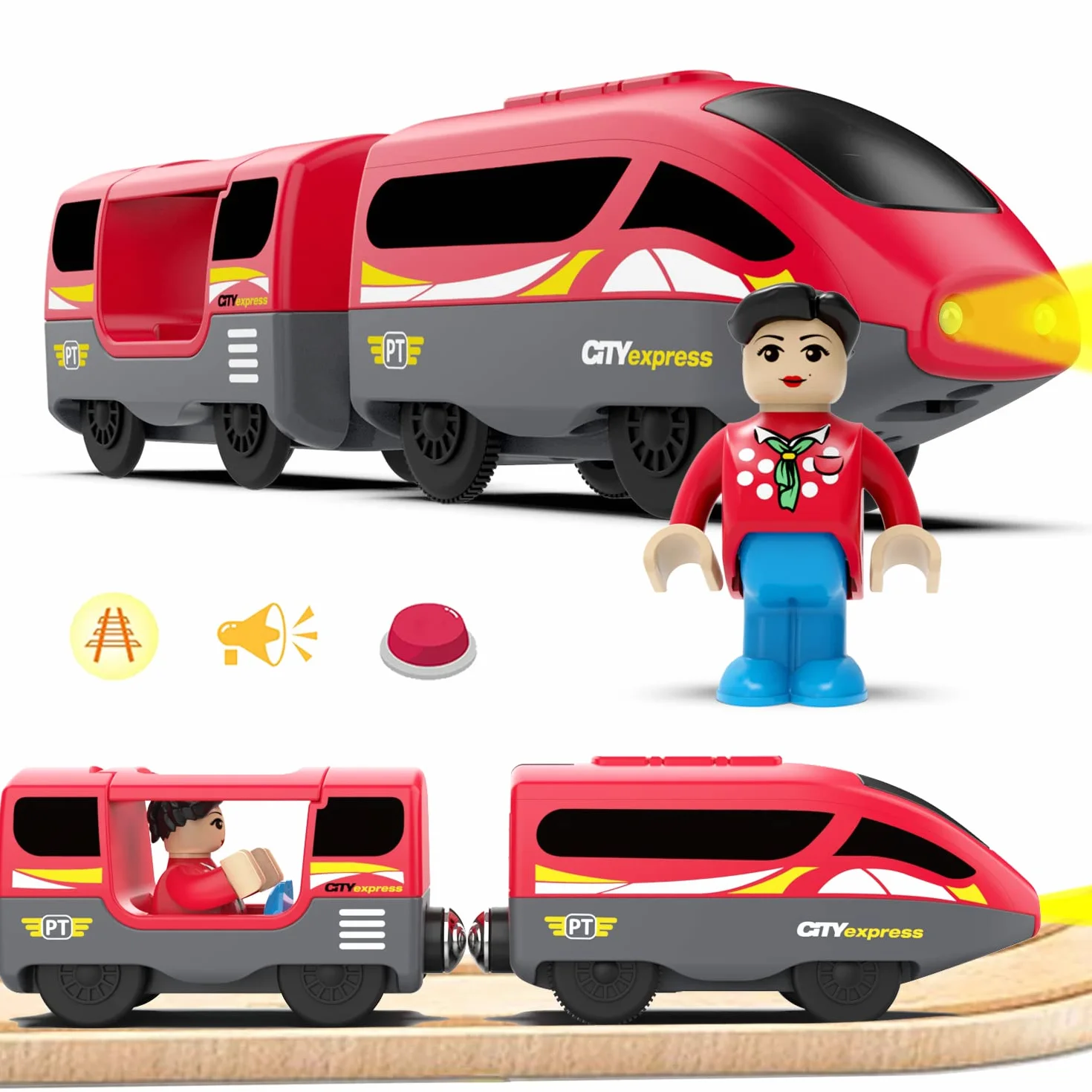 LiRiQi Train de Locomotives à Piles - Train Électrique Haute Vitesse Compatible Thomas Brio Rails en Bois Rouge