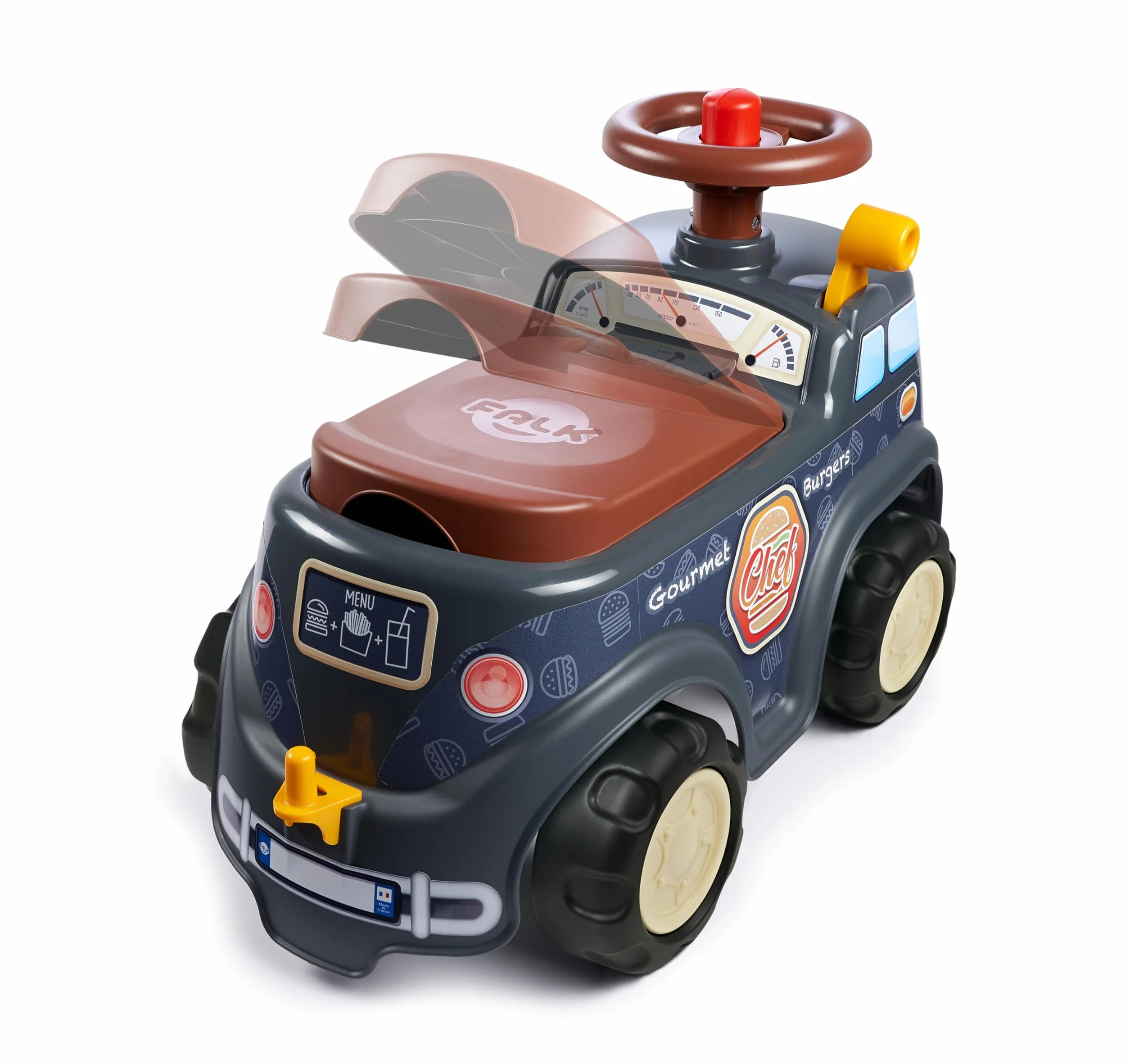 Falk Porteur Food Truck Gourmet Burger Gris 707C Volant directionnel avec klaxon Levier à Effet sonore Coffre de Rangement Remorque BBQ Accessoires