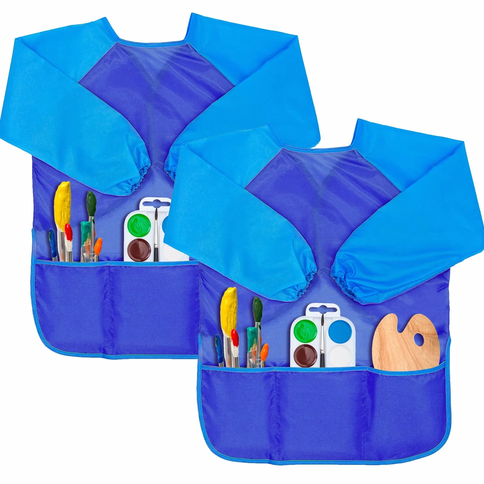 Gwolf Tablier Peinture Enfant 2 Pièces Blouse Peinture 8-10 Ans avec Manches et 3 Poches Tissu Bleu