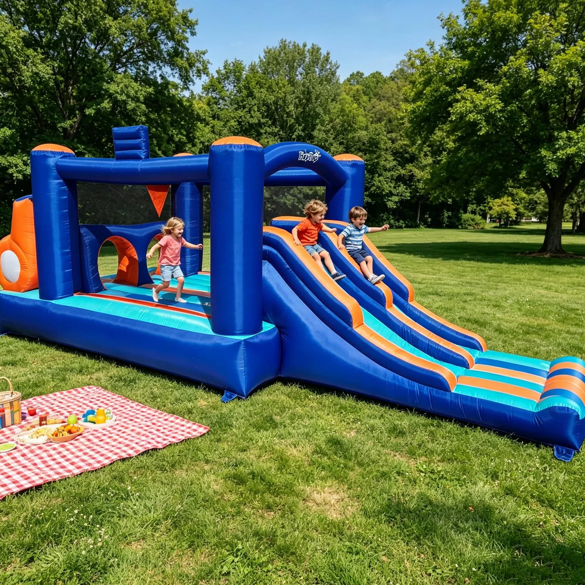 Château Gonflable 5.2x2.3x1.8m Double Toboggans Trampoline Tunnel Murs d'escalade 4 Enfants 3-10 Ans Intérieur Extérieur