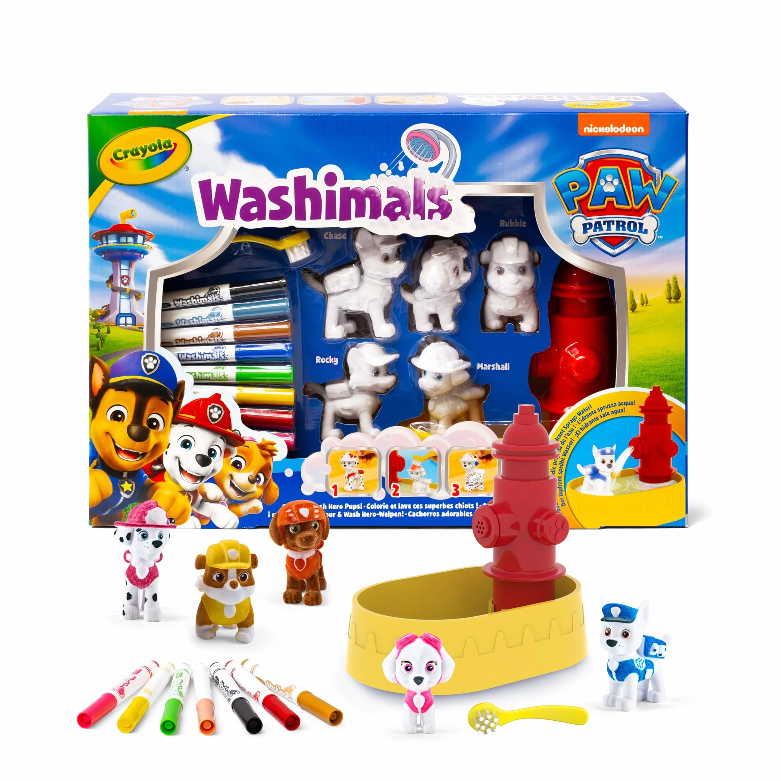CRAYOLA Washimals Pat' Patrouille Kit Activité 5 bébés Animaux 8 Feutres Lavables Baignoire Douche Petite Brosse Jeu Enfants 3 Ans