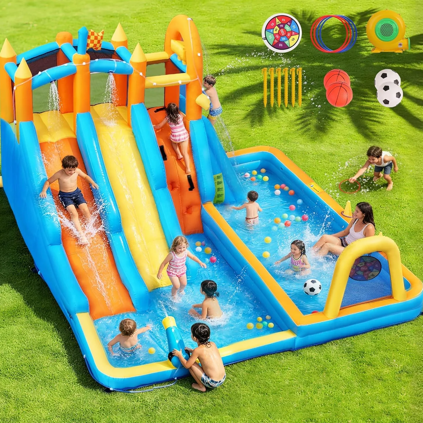 FOOING Château Aquatique Gonflable avec 2 Toboggans, Mur d'escalade, Panier de Basket et Filet de Sécurité pour Enfants