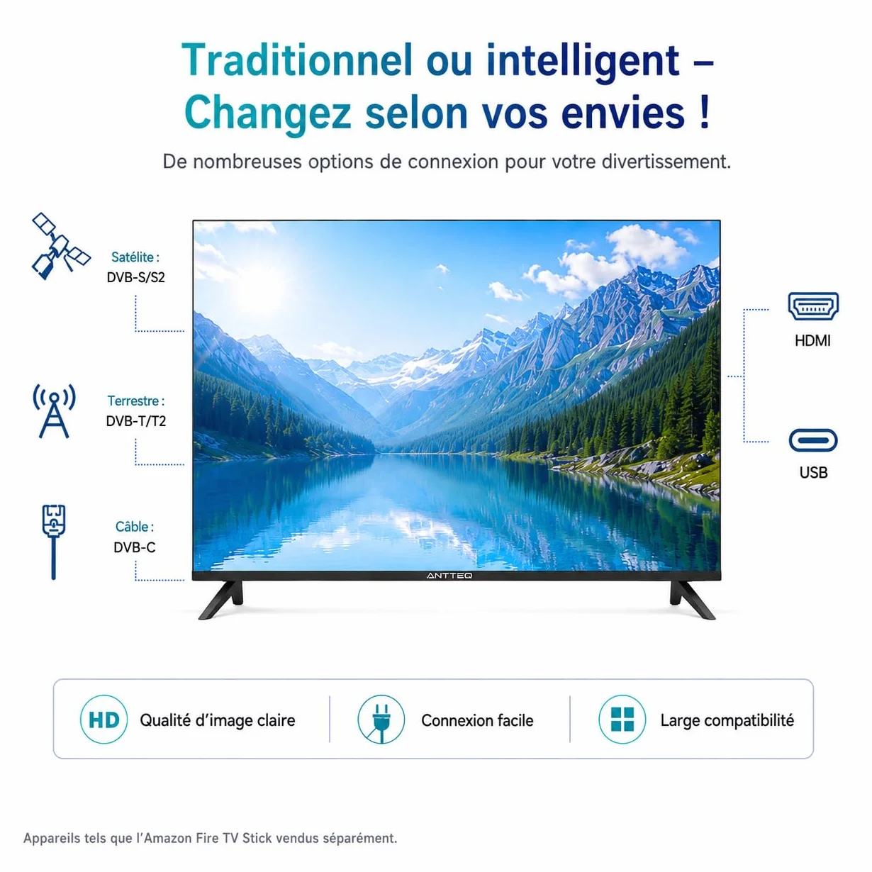 Antteq E32-AH1Q1L TV 32 Pouces 80cm LED HD Ready Triple Tuner HDMI USB Dolby Audio