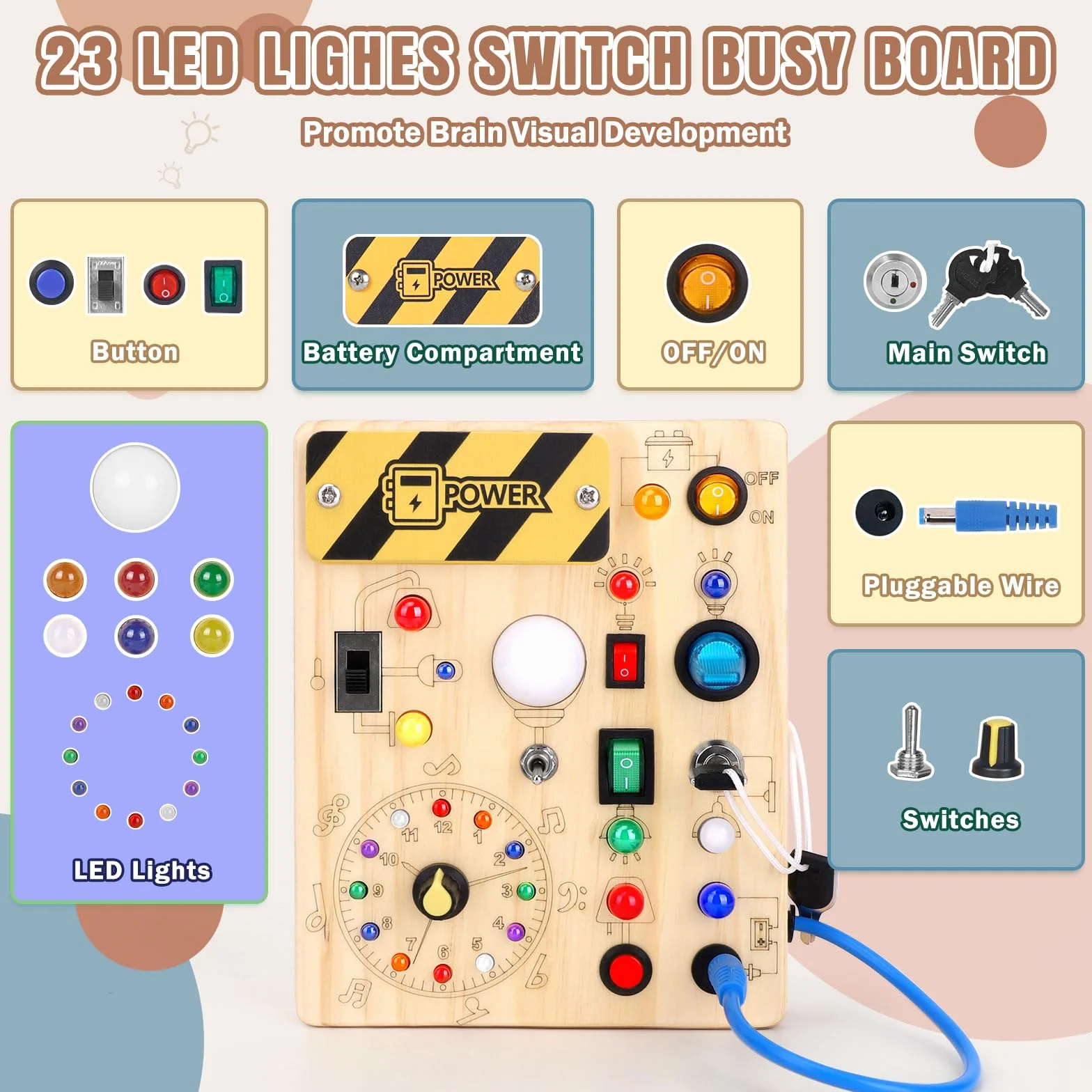 Tableau d'activité Montessori en bois avec 10 interrupteurs et 23 voyants LED Jouet sensoriel éducatif pour tout-petits 1 an Cadeau garçon