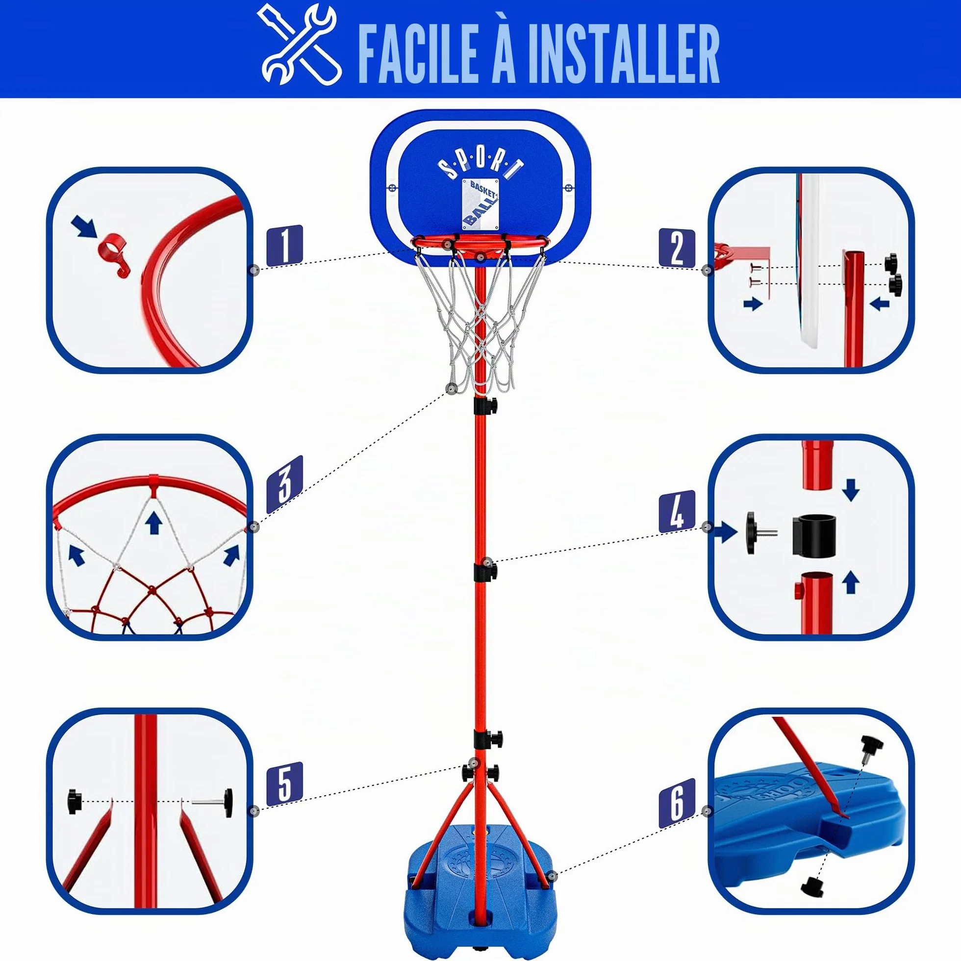 Panier de Basket-Ball avec Support, Hauteur réglable 110-190 cm, Jouet extérieur et intérieur pour Enfants