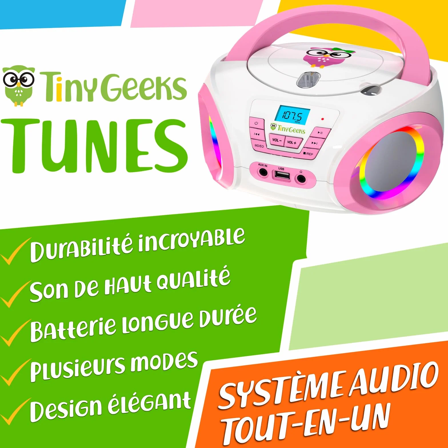 Lecteur CD Enfant Radio FM Piles incluses Haut-parleurs Rose
