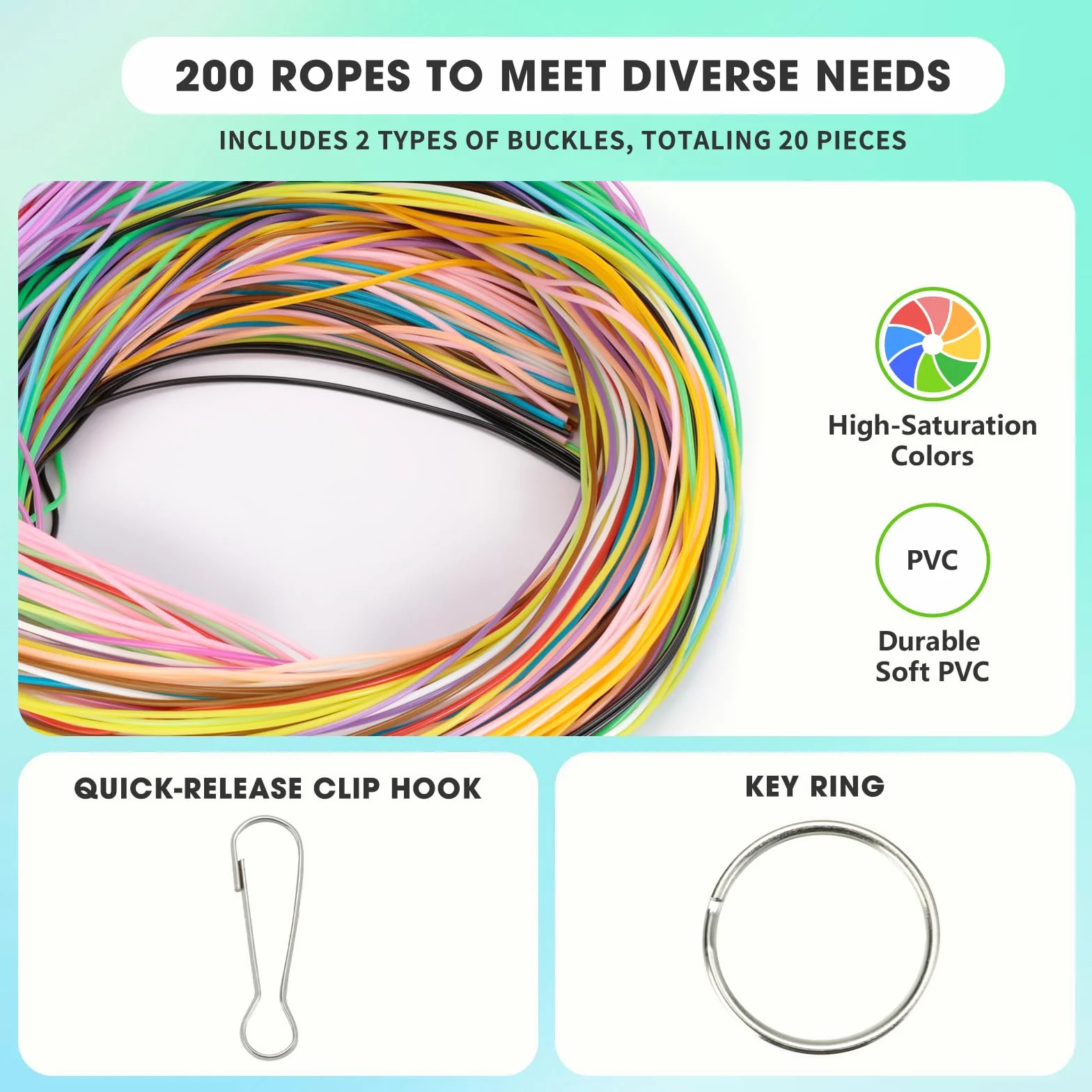 VINATO Kit de Scoubidou Fil avec 200 Pièces Fils Élastiques, 20 Couleurs pour Fabrication de Bracelets