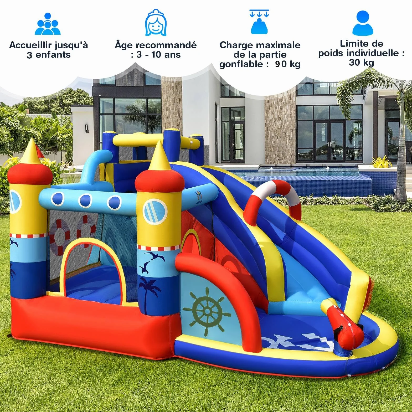 COSTWAY 5 en 1 Château Gonflable Pirate avec Toboggan, Mur d'escalade & Souffleur 550W, 360x290x200cm