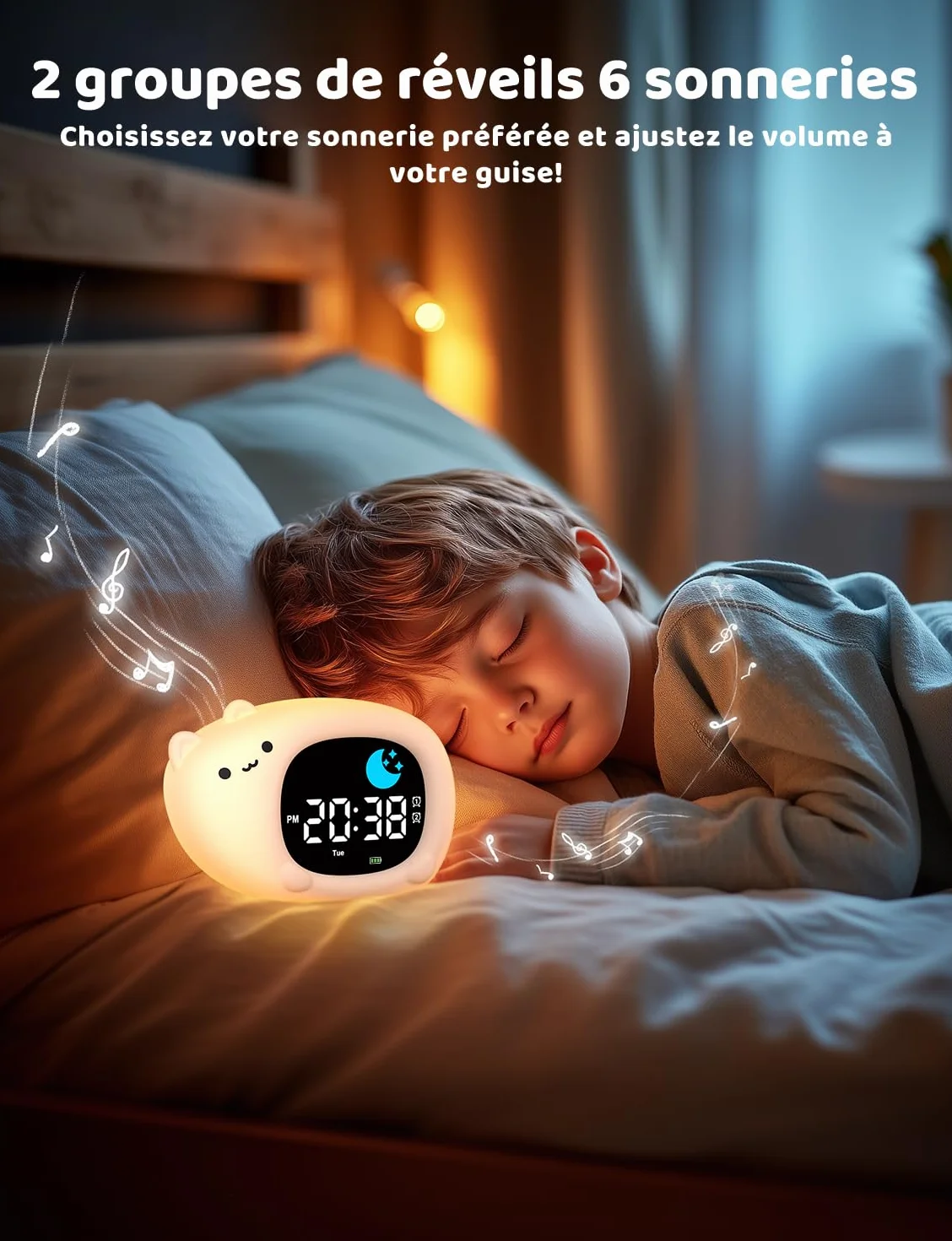 YISSVIC Réveil Enfant Educatif Jour Nuit 2 Alarme 12/24 Heure Snooze Luminosité Réglable 7 Couleurs 10 Chansons Chat