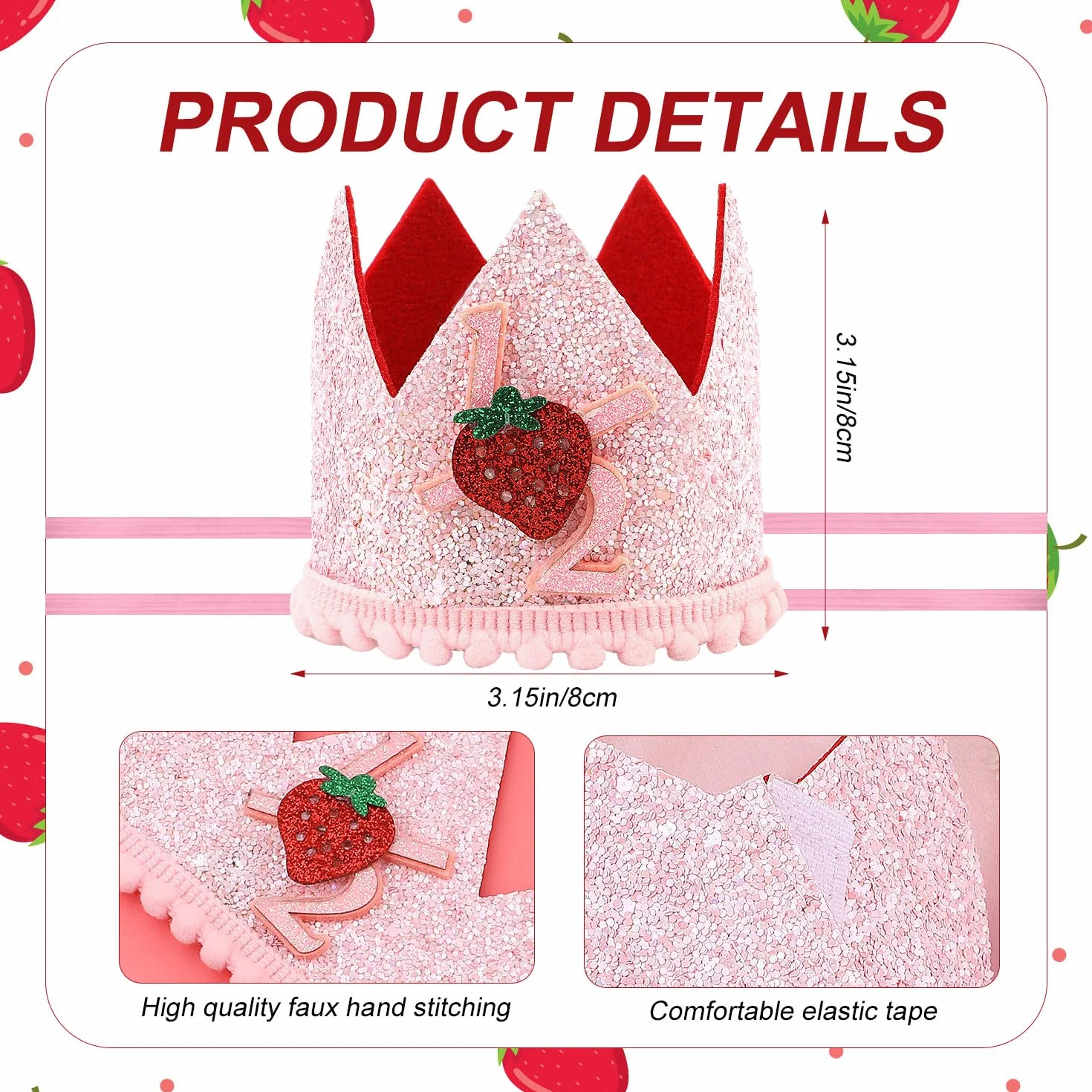 PEUTIER Chapeau Fraise 1/2 Anniversaire, Demi-Anniversaire Baies Roses Couvre-Chef pour Décoration Fête Baby Shower