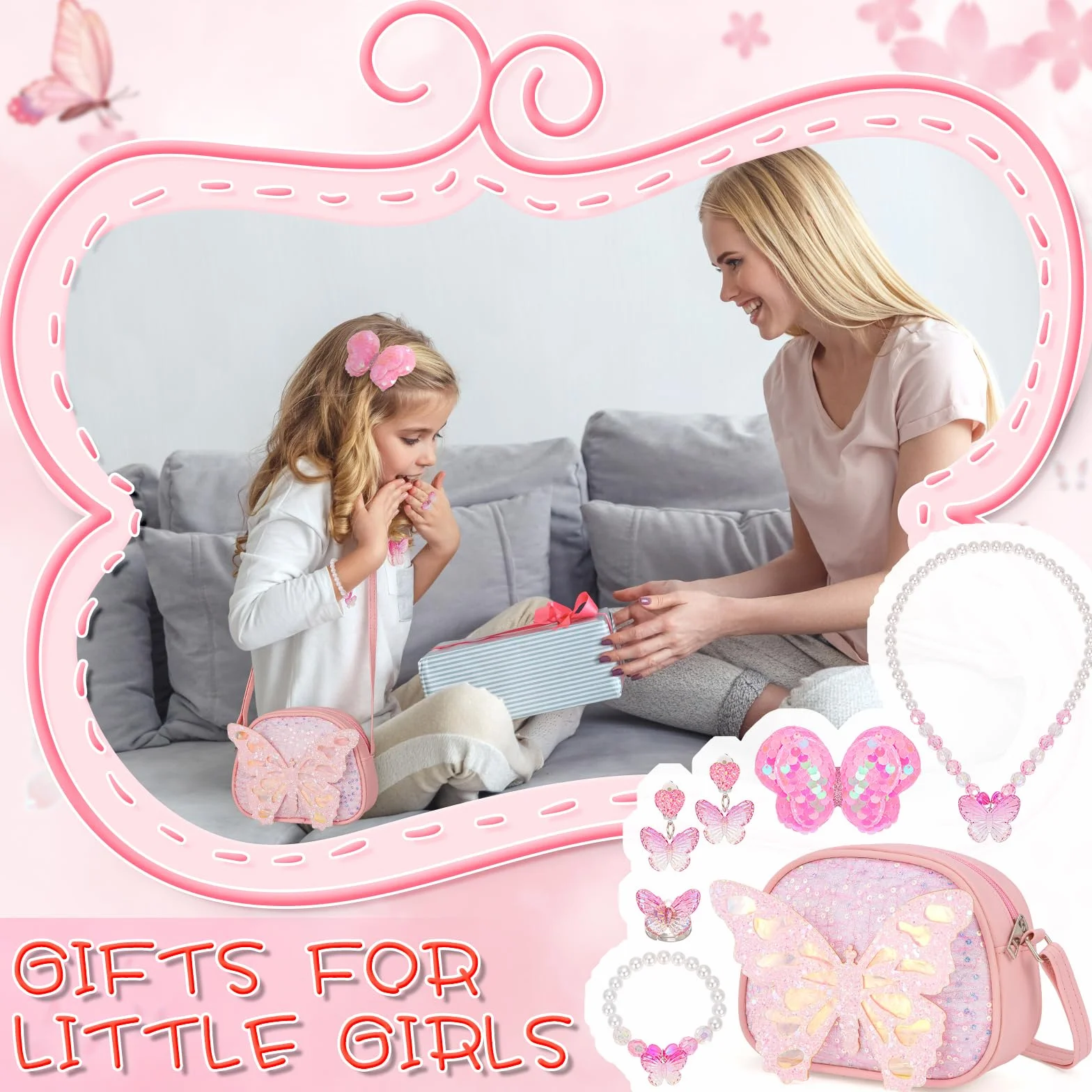 Sac à Main Bijoux Enfants Fille Papillon Colliers Bracelets Boucles d'oreilles Bagues Épingles à Cheveux avec Sac Bandoulière Princesse Accessoires Cadeaux de fête