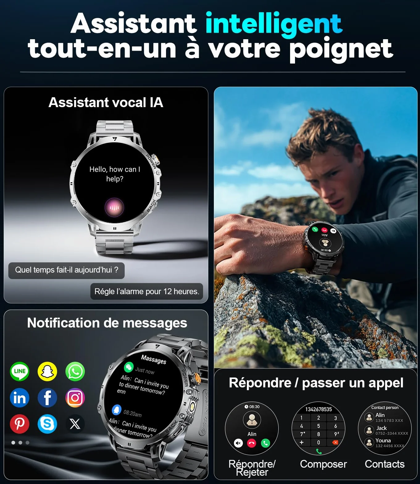 LIGE Montre Connectée Homme 1,85" HD Grand Écran LED Lampe Smartwatch Moniteur Fréquence Cardiaque Sommeil 110+ Modes Sportifs IP68 Étanche Noir