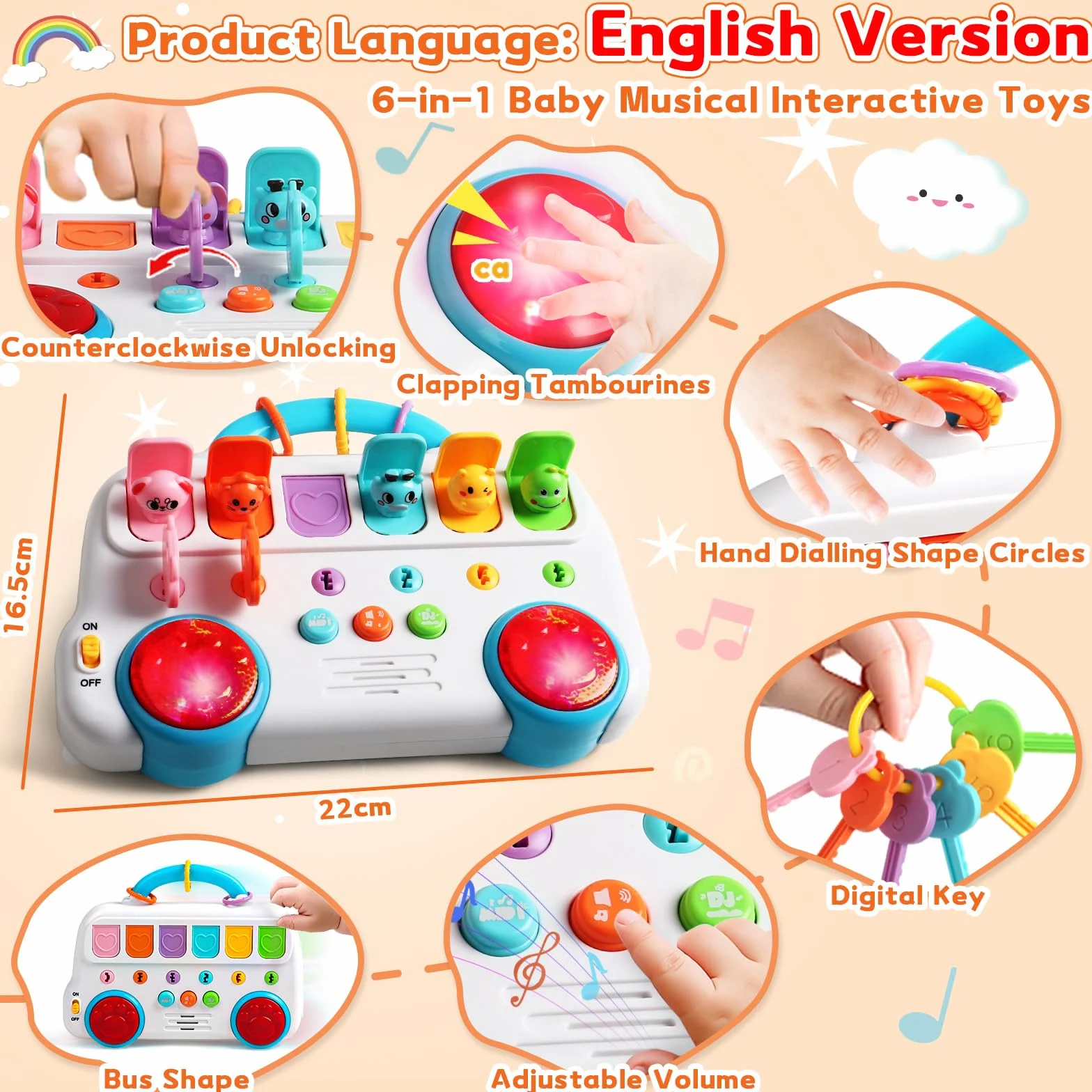 Jouet Montessori 6 Animaux Musique et Lumières Bebe 1 an Fille Garçon Jeu Educatif 12 18 Mois