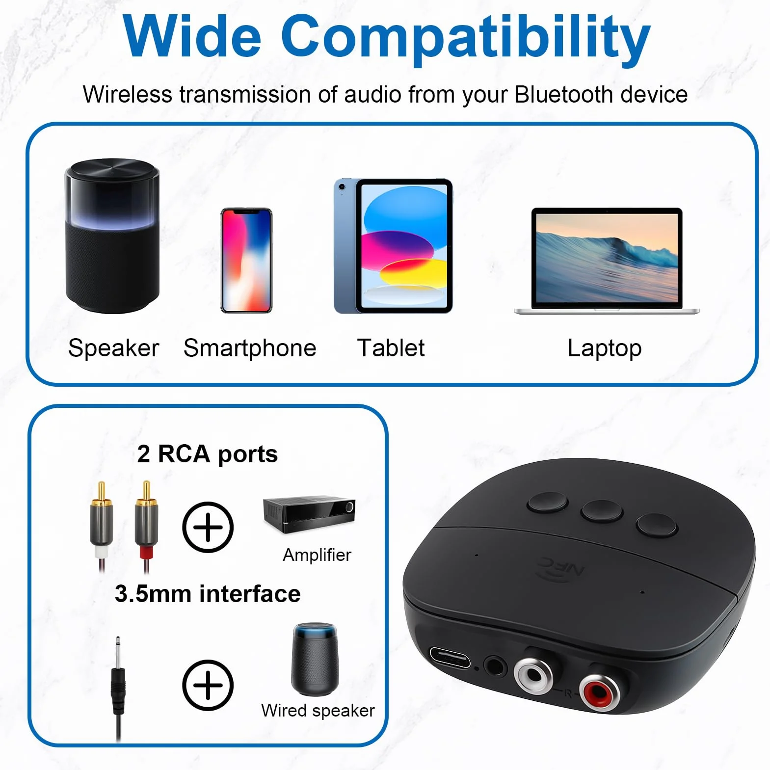 Récepteur Bluetooth 5.2 Adaptateur Audio Jack 3.5 mm RCA NFC pour Système Stéréo Haut-Parleurs
