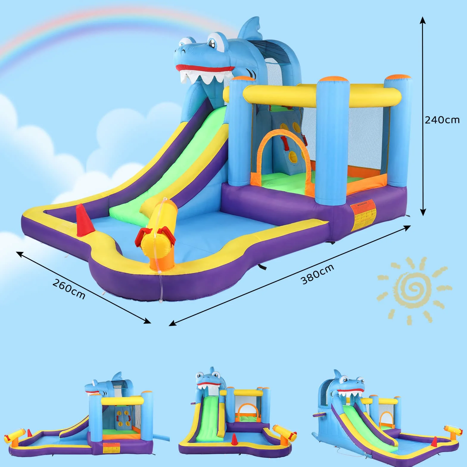 LEADZM Château Gonflable Parc Aquatique Thème Requin avec Trampoline Toboggan Piscine Pistolet à Eau 380x260x240 cm