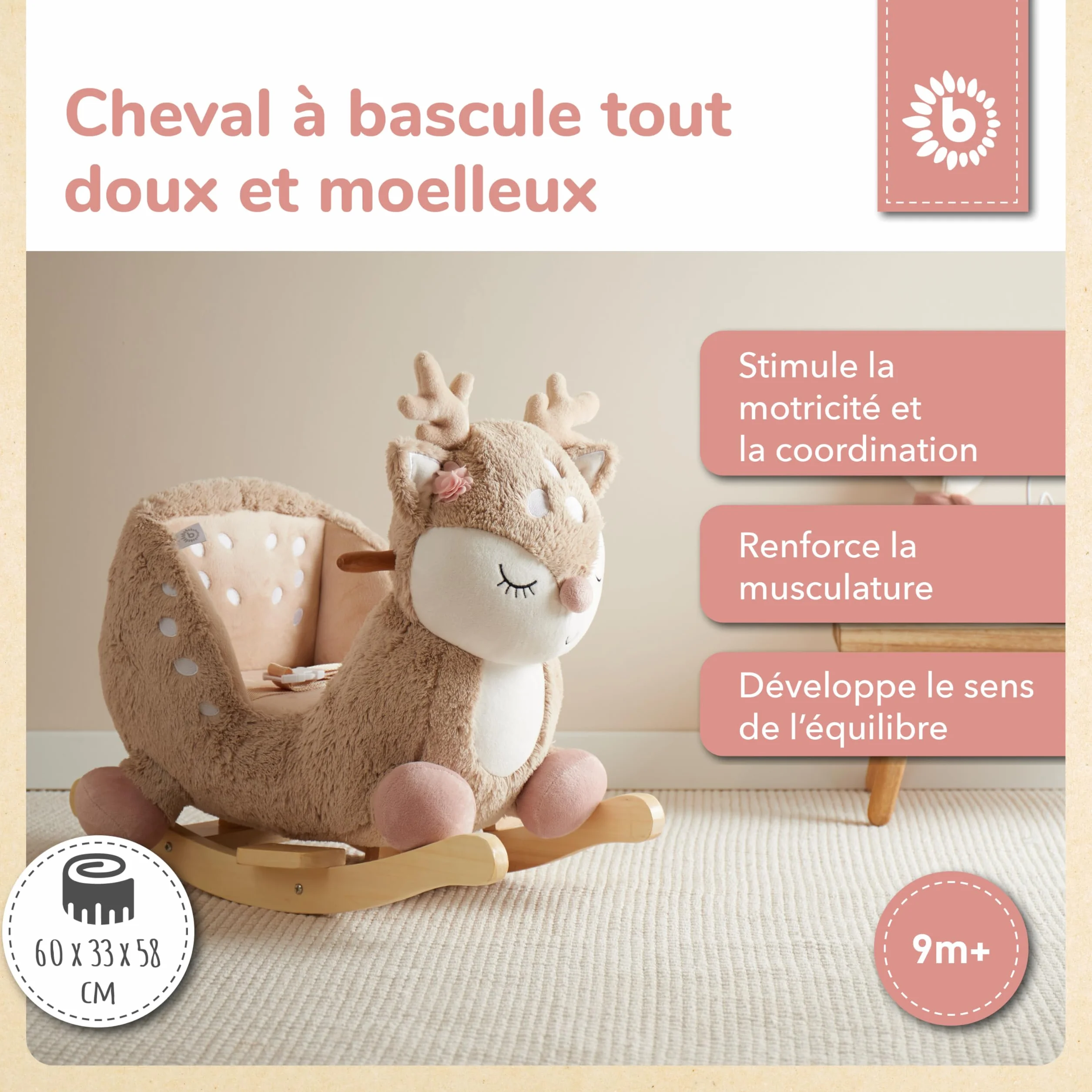 Bieco Lapin à bascule en peluche 60 cm avec ceinture de sécurité pour enfant dès 9 mois