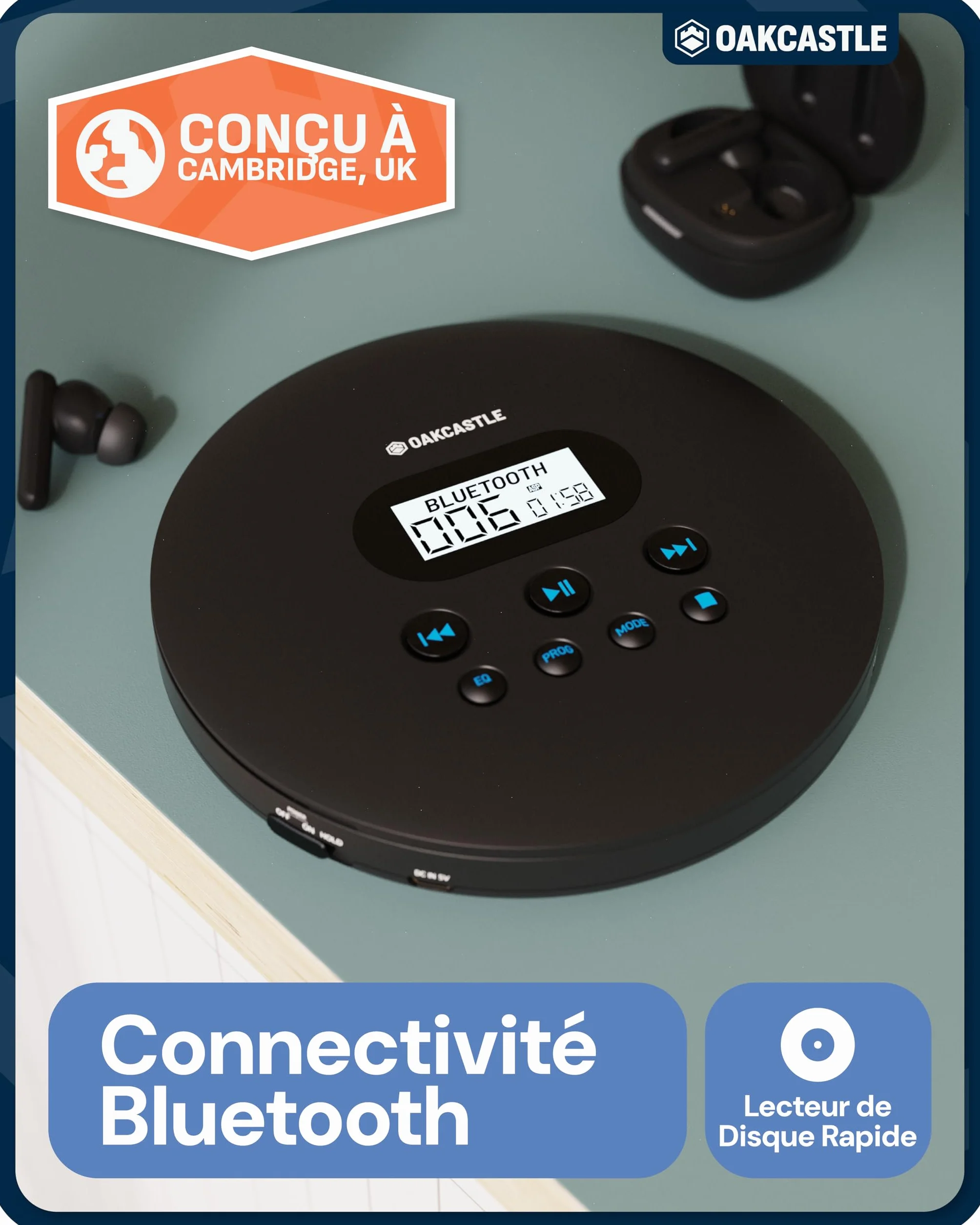 OAKCASTLE CD100 Lecteur CD Portable Bluetooth avec Batterie Rechargeable 12 Heures Antichoc