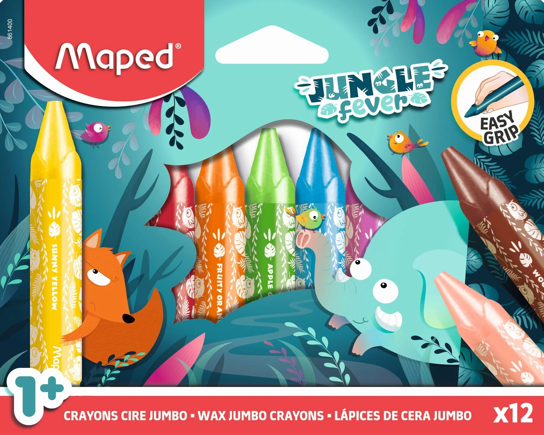 Maped 12 Craies de coloriage Maxi Jungle Fever Crayons de cire enfant triangulaire premier crayon Jumbo